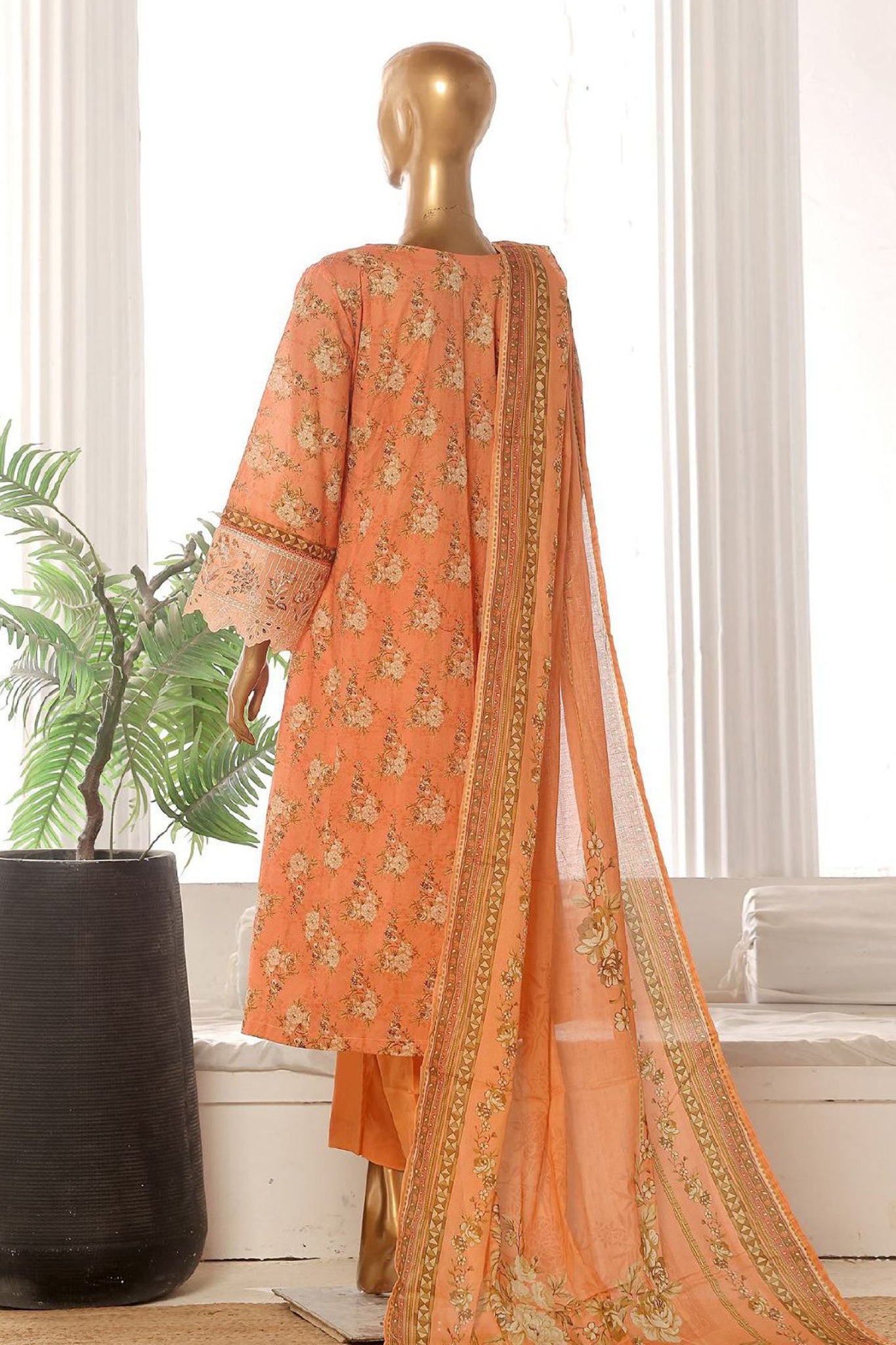 Bin Saeed Stitched 3 Piece Emb Lawn Frock Vol-03 Collection-SM-1646-Peach
