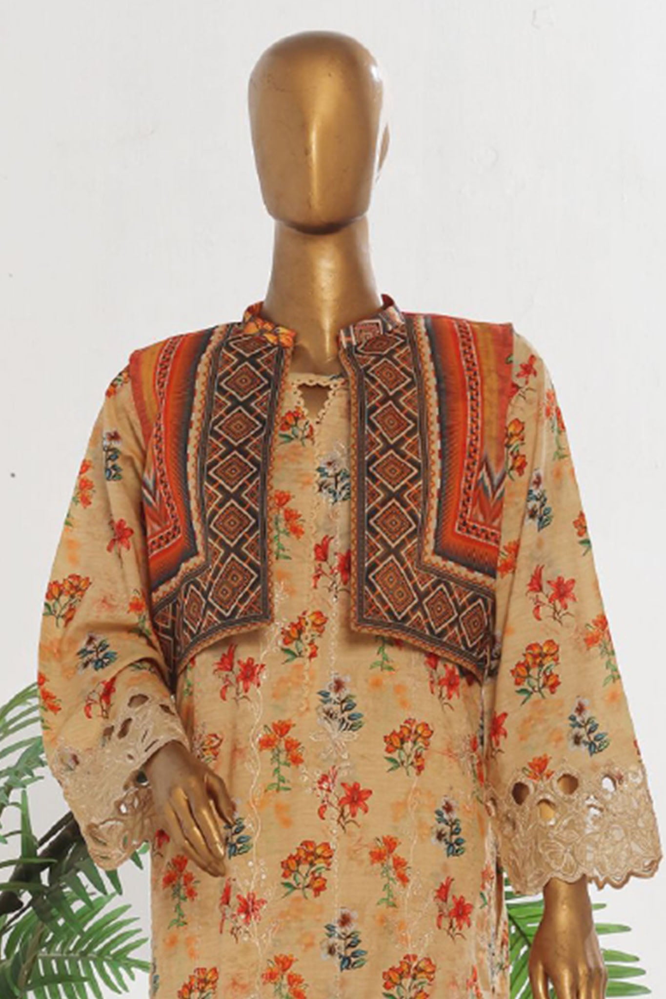 Bin Saeed Stitched 3 Piece Exclusive Emb Lawn With Coat Vol-02 Collection-SM-1738-Skin