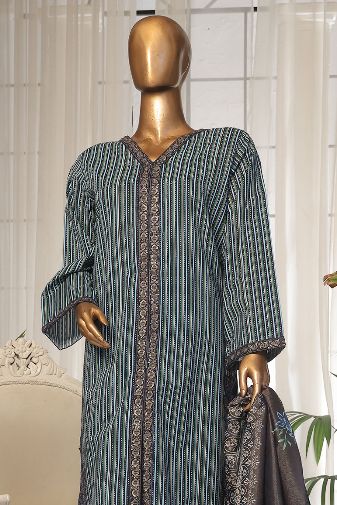 Bin Saeed Stitched 3 Piece Luxury Self and Stripe Vol-02 Collection'2025-SM-1960-Blue