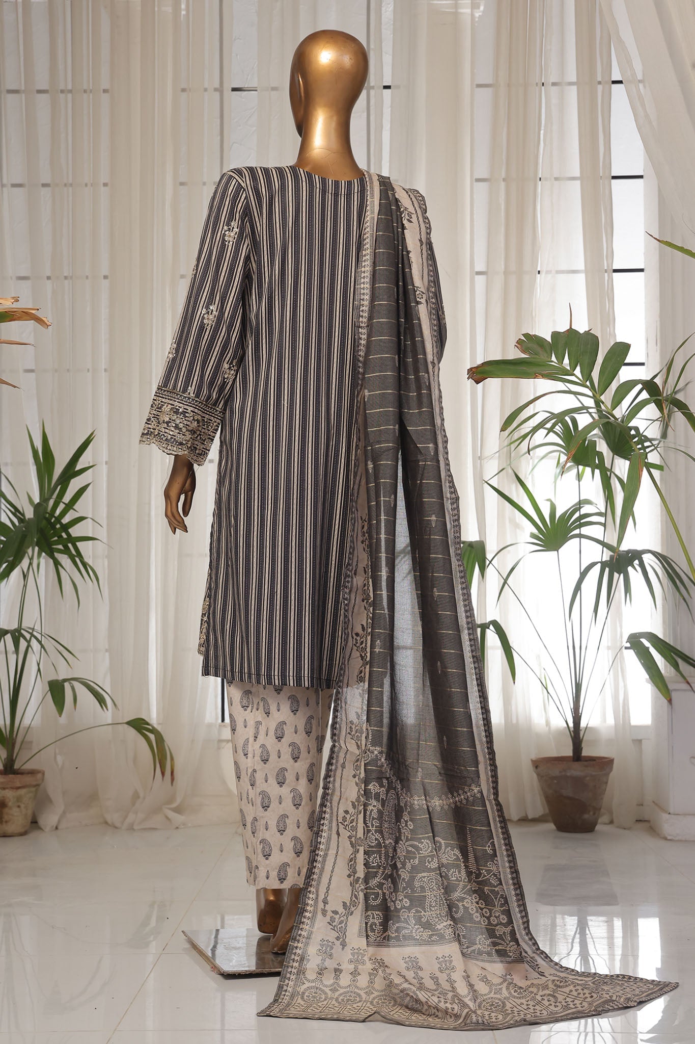 Bin Saeed Stitched 3 Piece Luxury Self and Stripe Vol-02 Collection'2025-SM-1961-Black