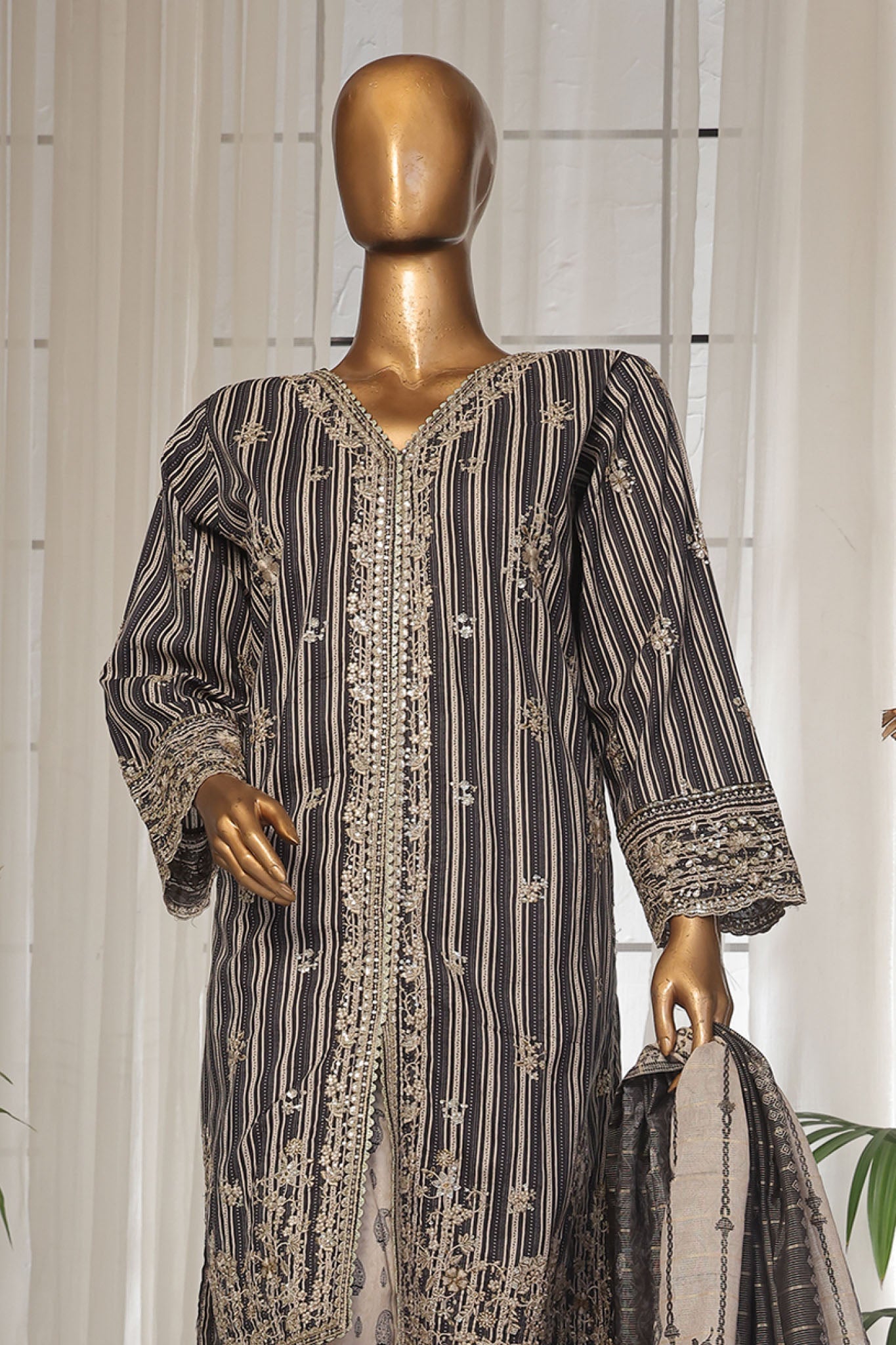 Bin Saeed Stitched 3 Piece Luxury Self and Stripe Vol-02 Collection'2025-SM-1961-Black