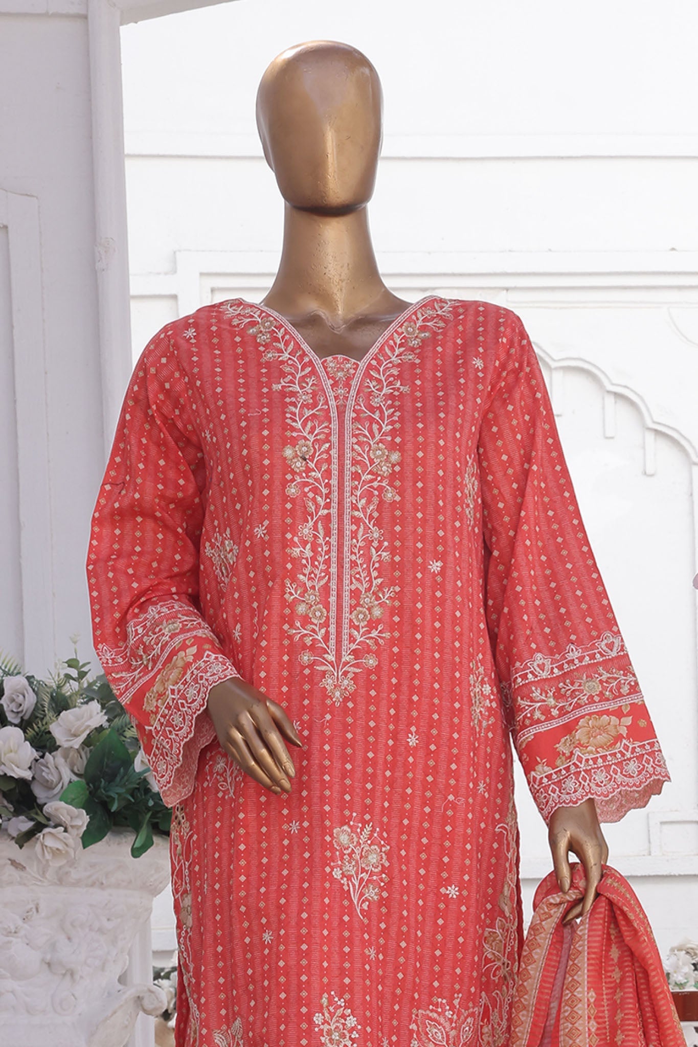 Bin Saeed Stitched 3 Piece Luxury Self and Stripe Vol-02 Collection'2025-SM-1962-Pink
