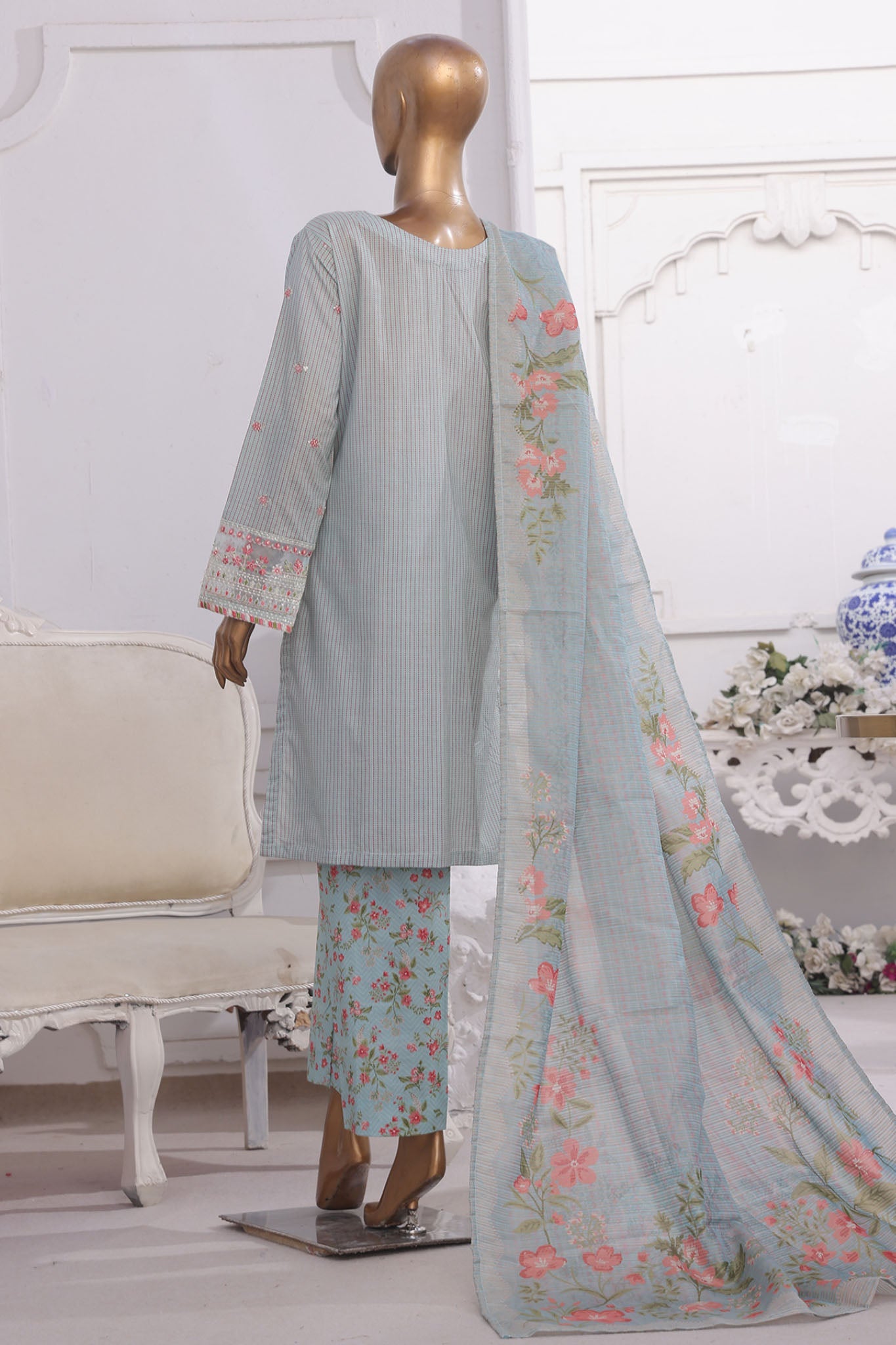 Bin Saeed Stitched 3 Piece Luxury Self and Stripe Vol-02 Collection'2025-SM-1964-Ferozi