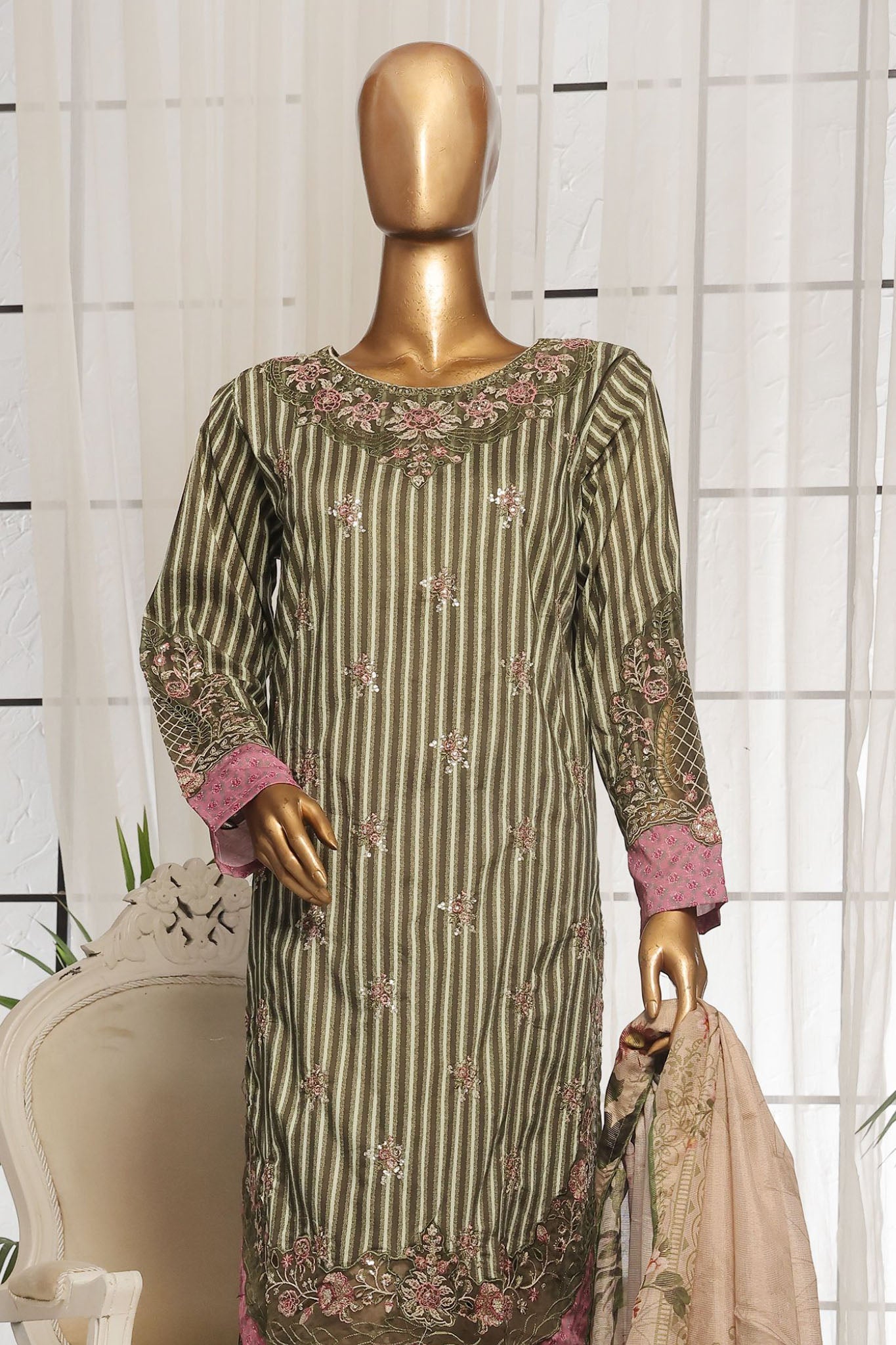 Bin Saeed Stitched 3 Piece Luxury Self and Stripe Vol-02 Collection'2025-SM-1965-Green