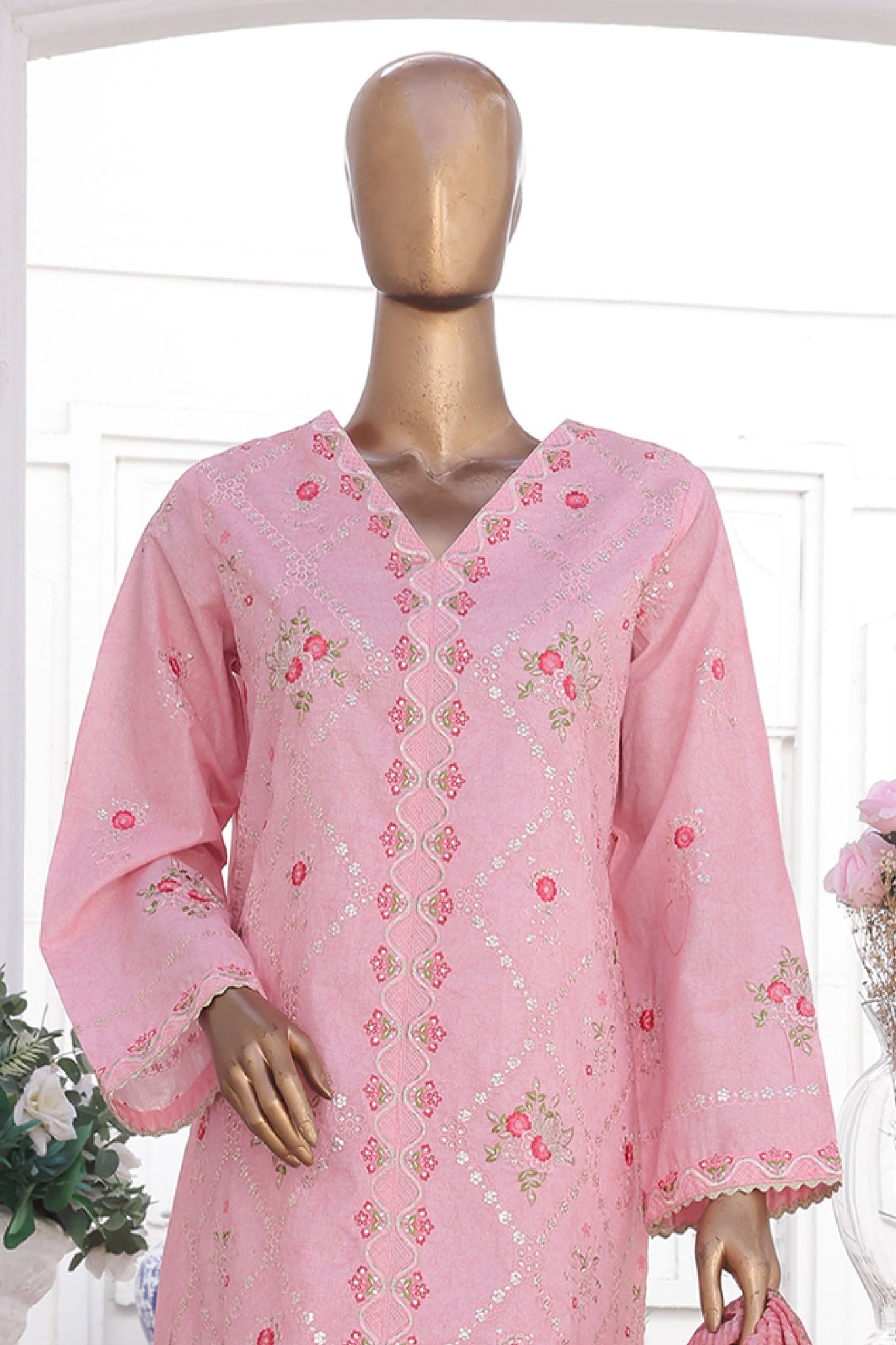 Bin Saeed Stitched 3 Piece Luxury Self and Stripe Vol-02 Collection'2025-SM-1968-Pink