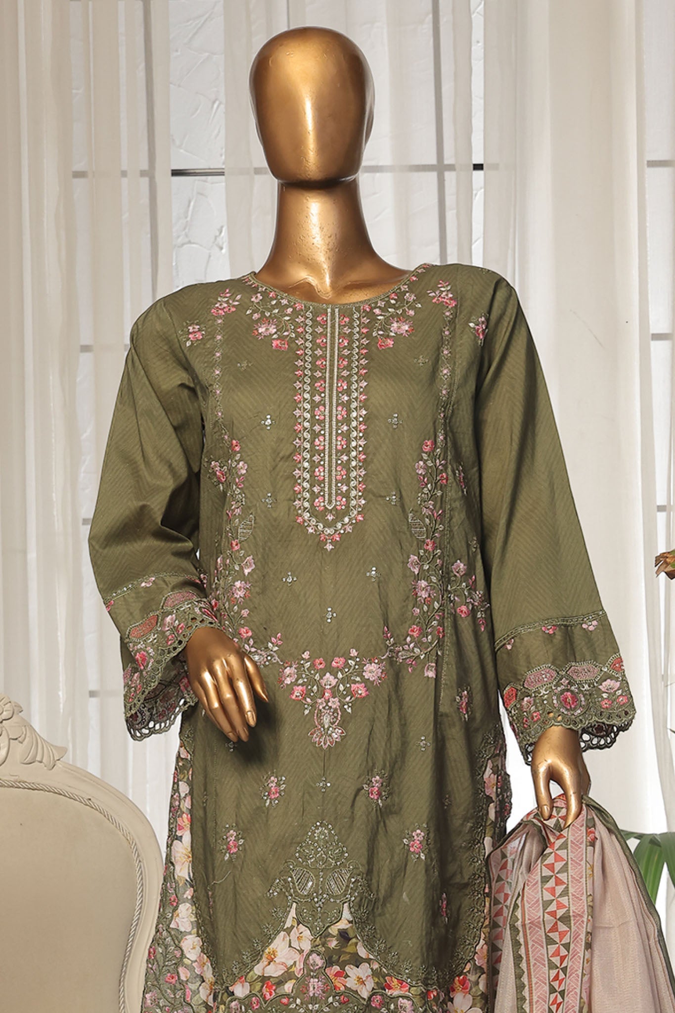 Bin Saeed Stitched 3 Piece Luxury Self and Stripe Vol-02 Collection'2025-SM-1969-Green