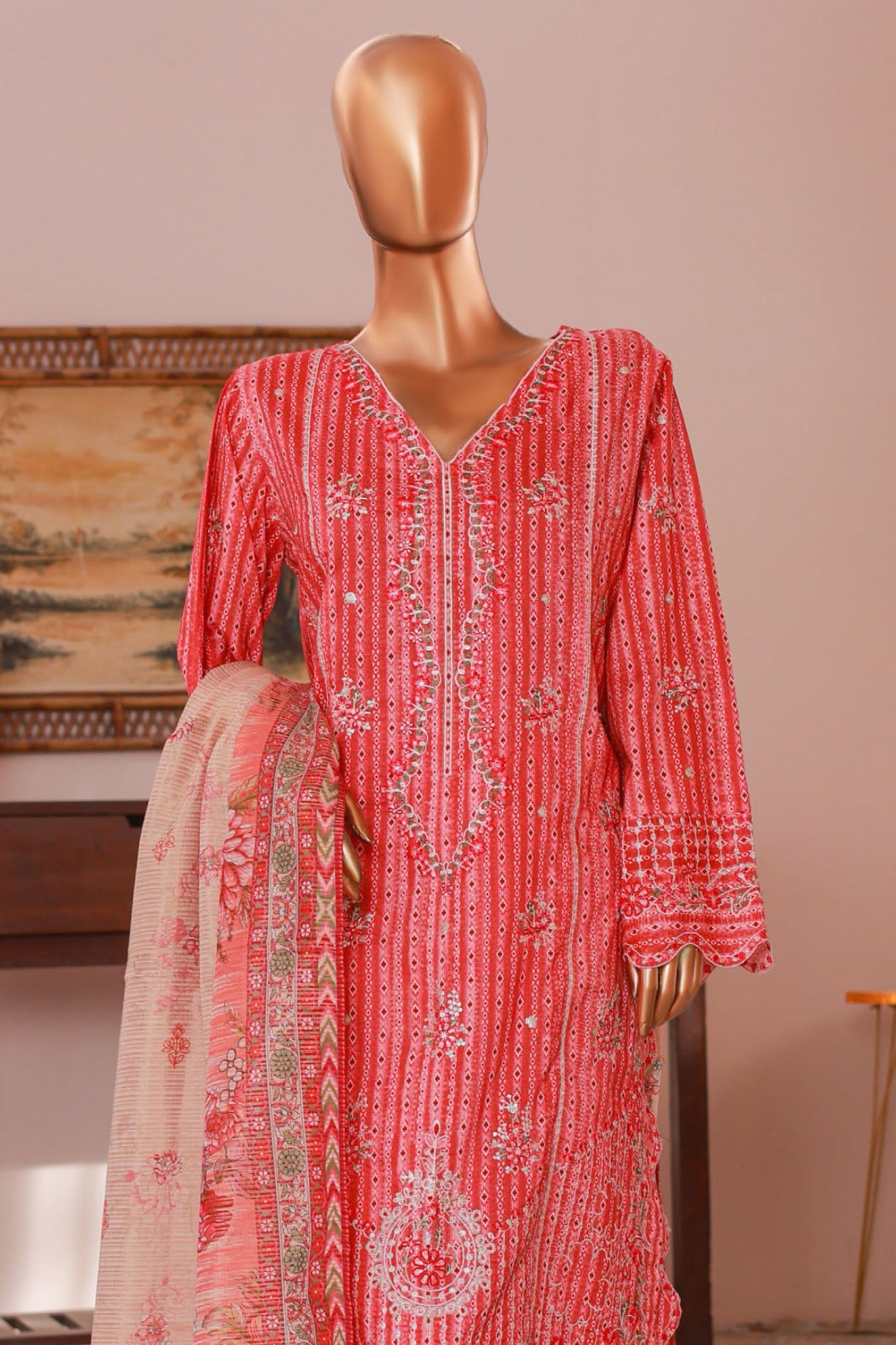 Bin Saeed Stitched 3 Piece Self Stripe Vol-02 Collection'2025-SM-2086-Red