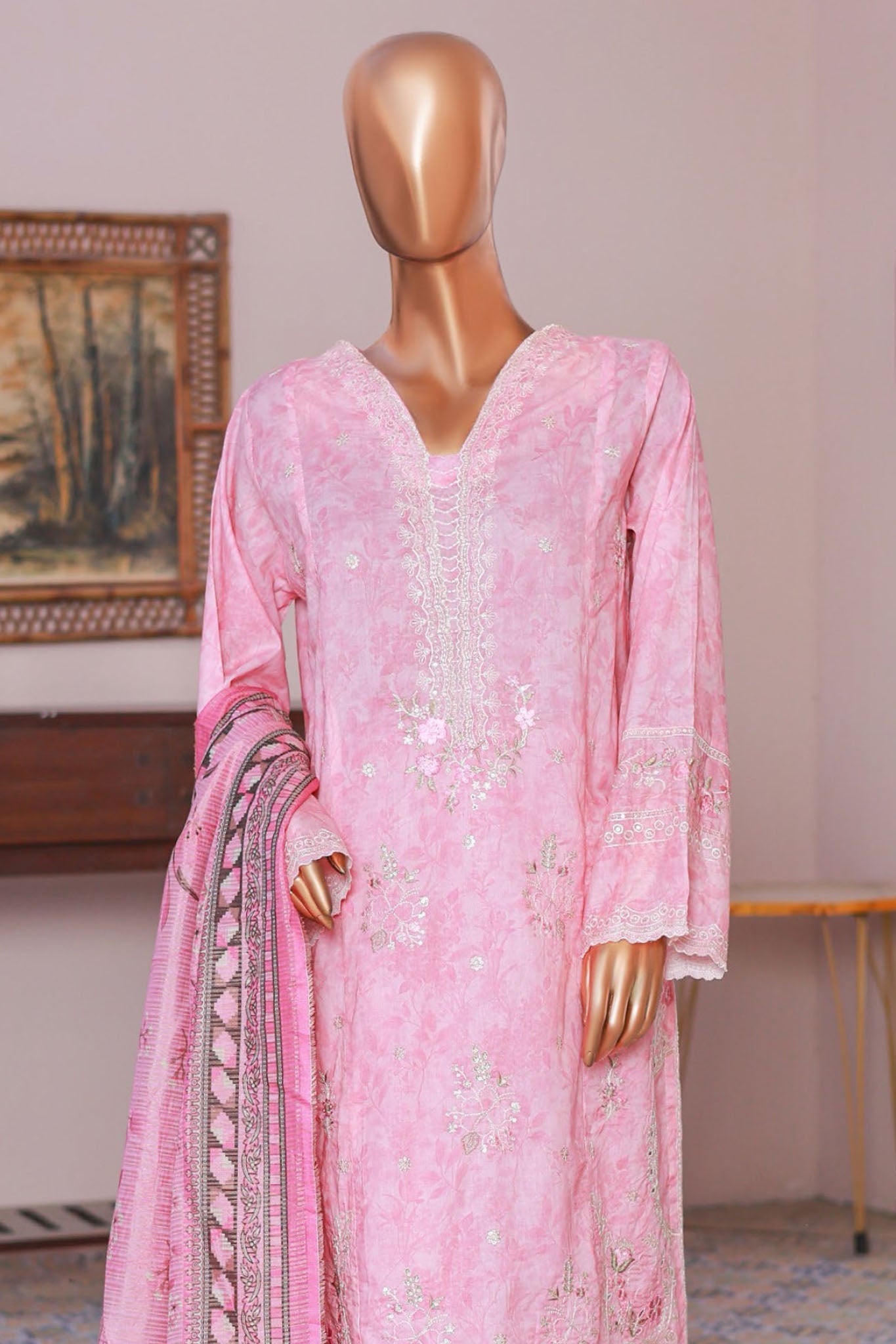 Bin Saeed Stitched 3 Piece Self Stripe Vol-02 Collection'2025-SM-2090-Pink