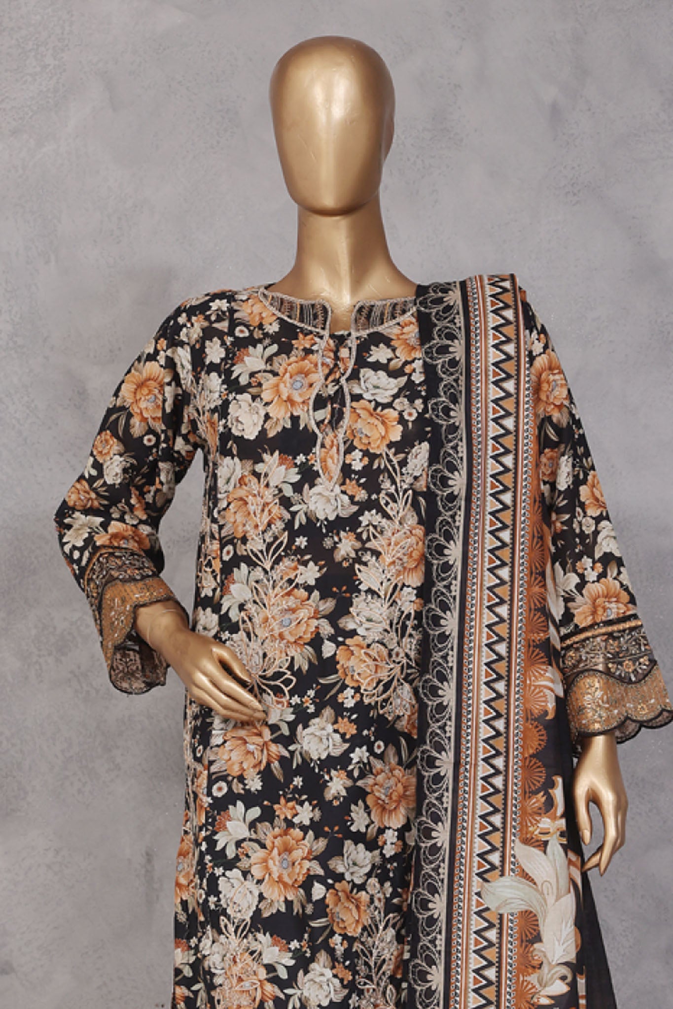 Bin Saeed Stitched 3 Piece Exc Emb Lawn Vol-02 Collection'2025-SM-2103-Black