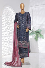 Bin Saeed Stitched 3 Piece Exc Chikankari Lawn Suit-SM-2143-Navy Blue