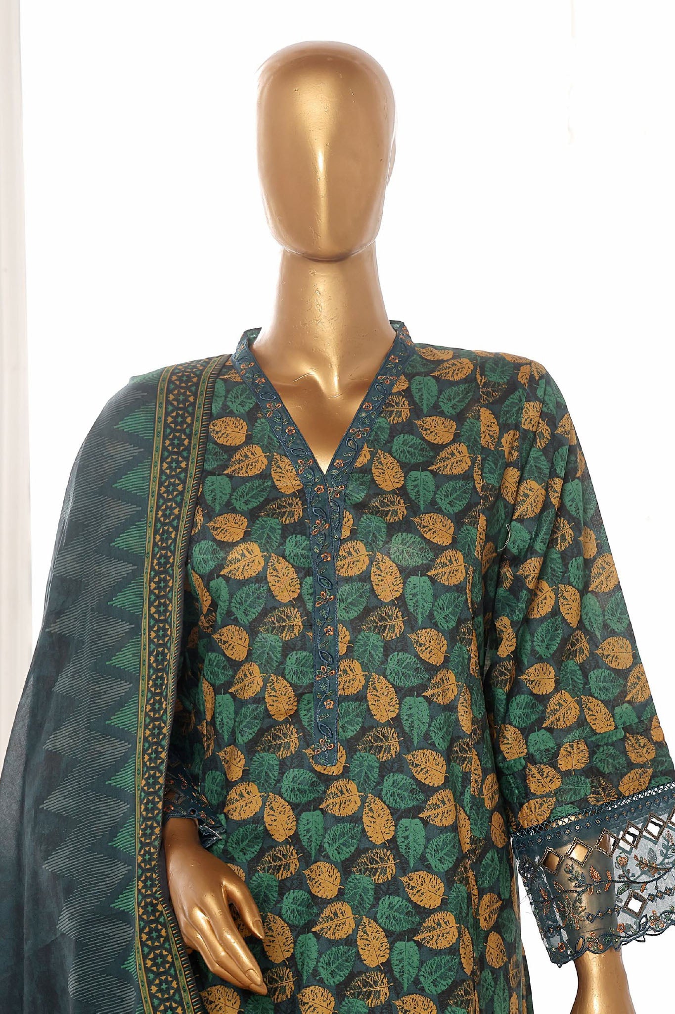 Bin Saeed Stitched 3 Piece Exclusive Lawn Frock Vol-01 Collection-SM-1457-Green