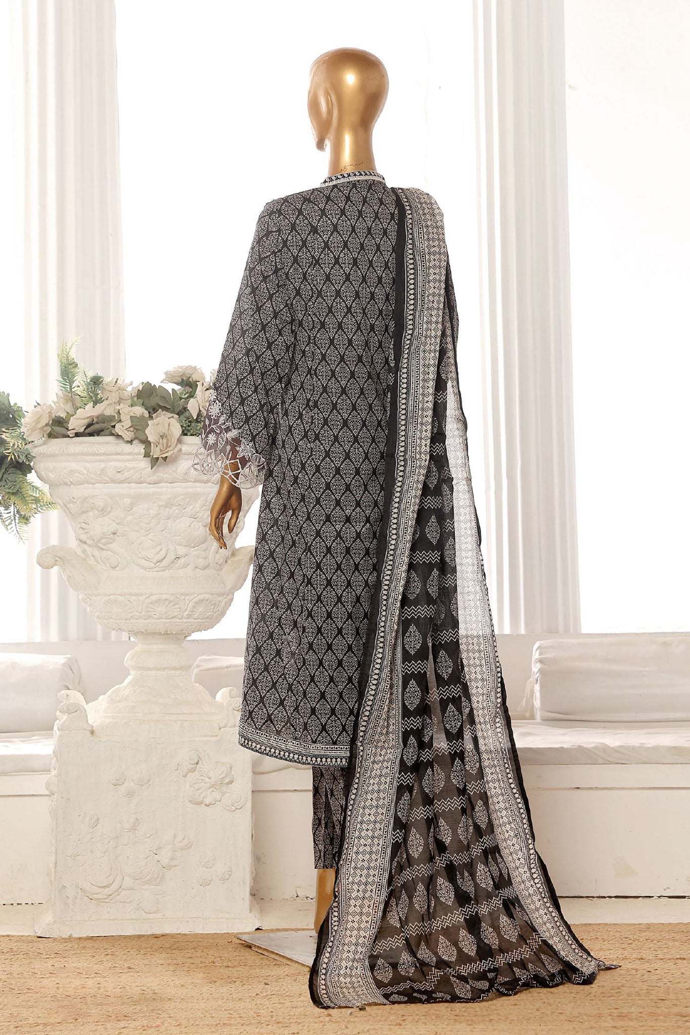 Bin Saeed Stitched 3 Piece Exclusive Lawn Frock Vol-01 Collection-SM-1459-Black