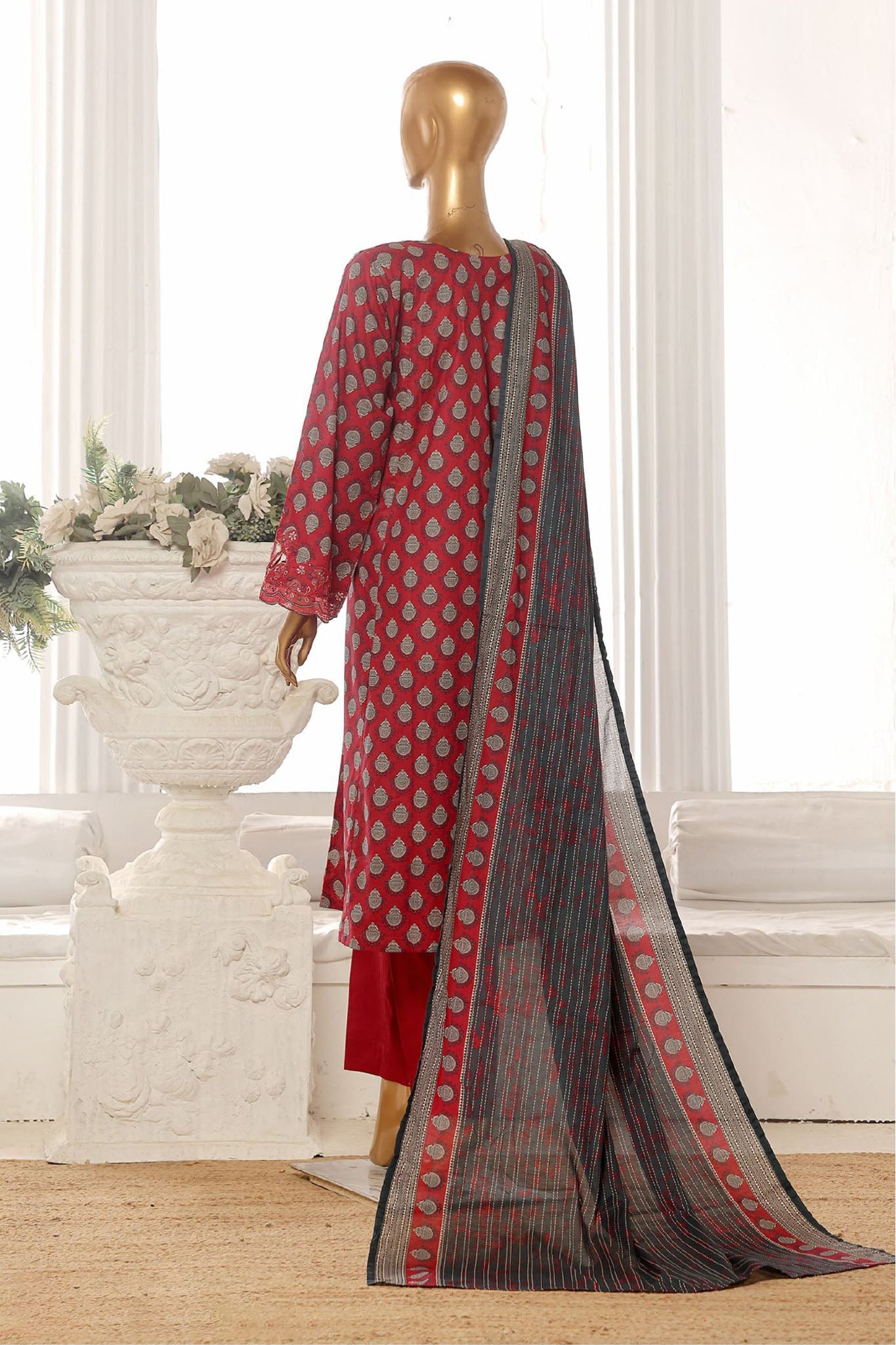 Bin Saeed Stitched 3 Piece Exclusive Lawn Frock Vol-01 Collection-SM-1460-Maroon