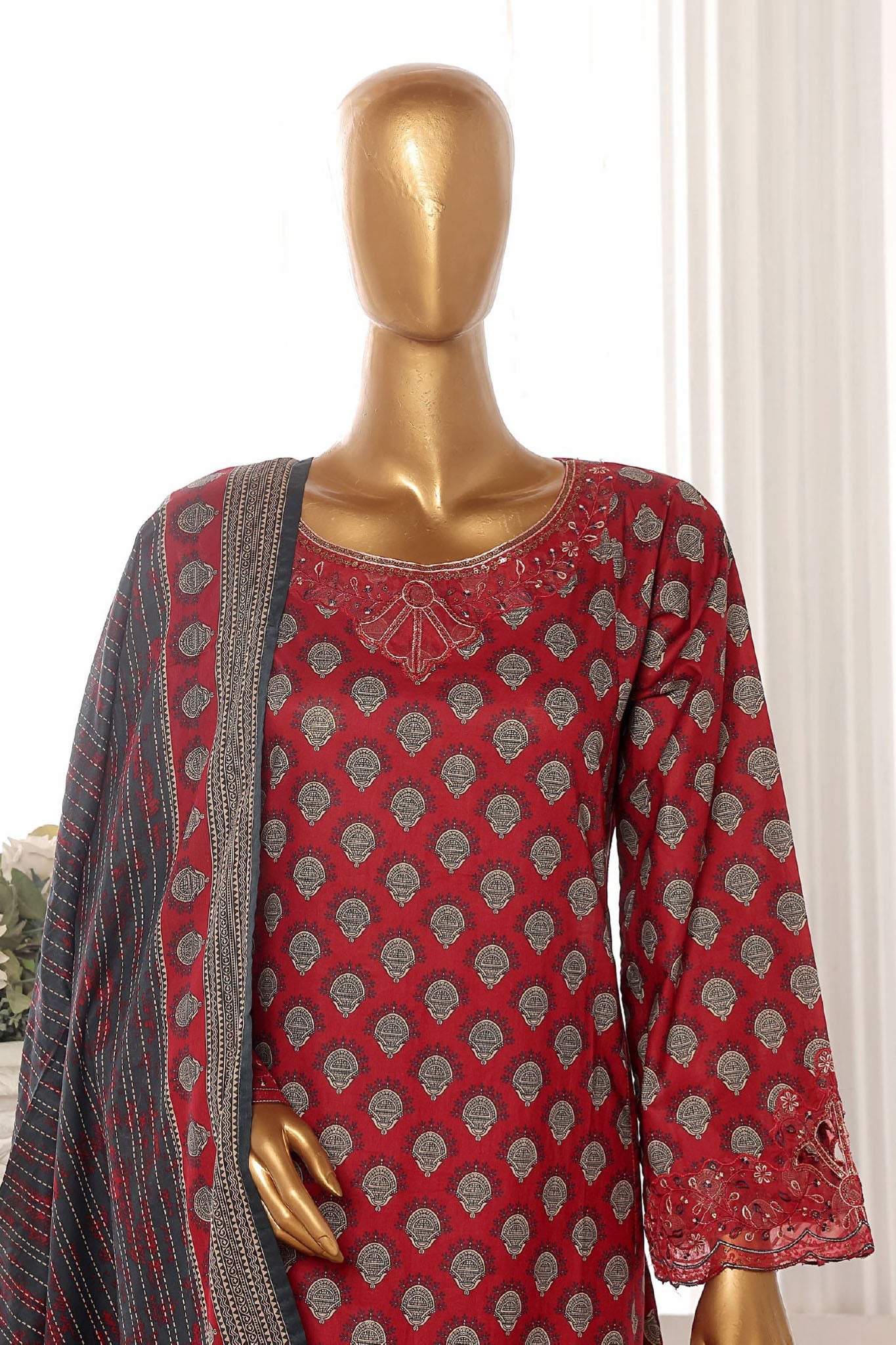 Bin Saeed Stitched 3 Piece Exclusive Lawn Frock Vol-01 Collection-SM-1460-Maroon
