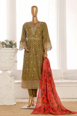 Bin Saeed Stitched 3 Piece Exclusive Lawn Frock Vol-01 Collection-SM-1467-Mehndi
