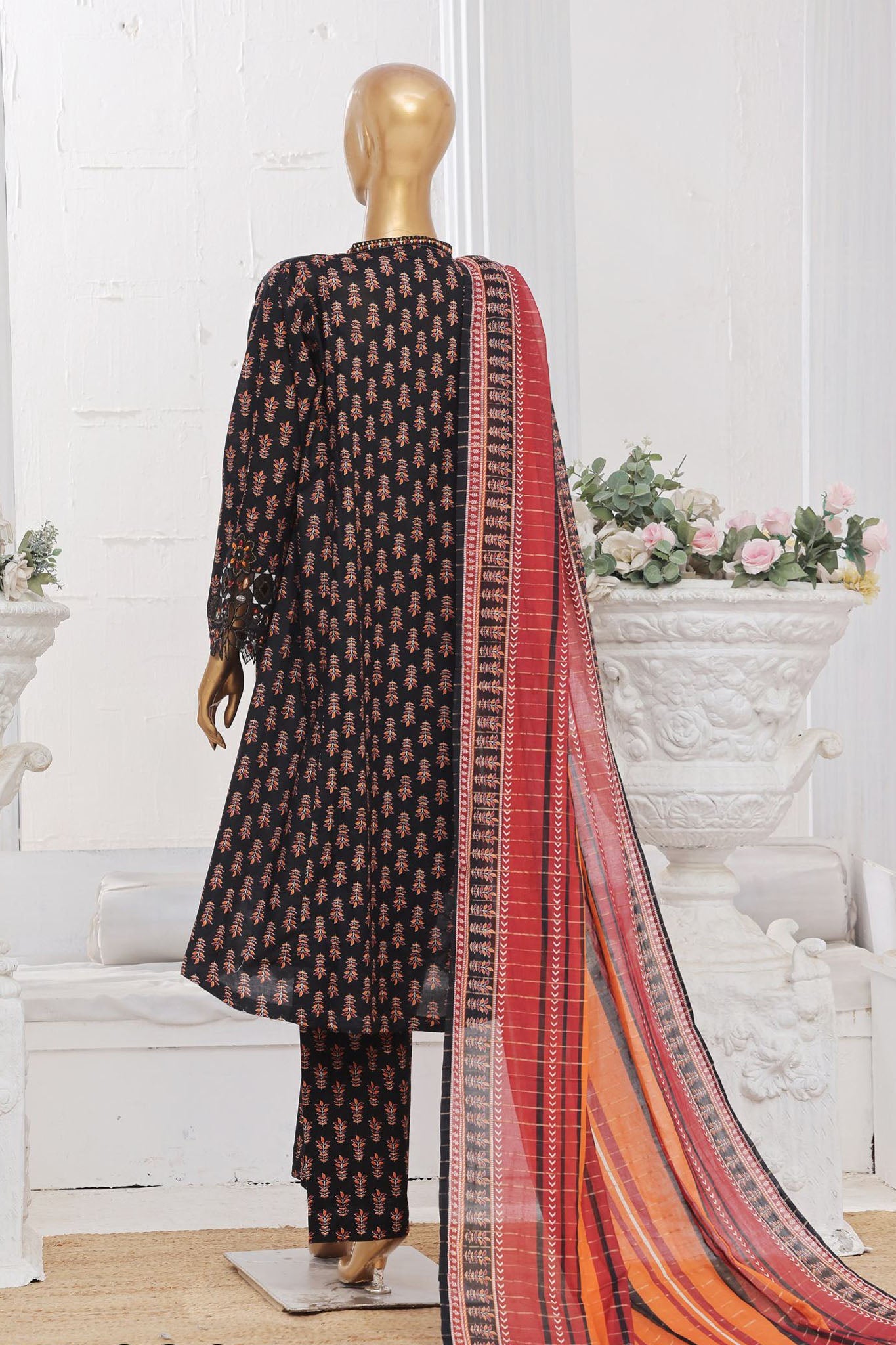 Bin Saeed Stitched 3 Piece Exclusive Lawn Frock Vol-01 Collection-SM-1475-Black