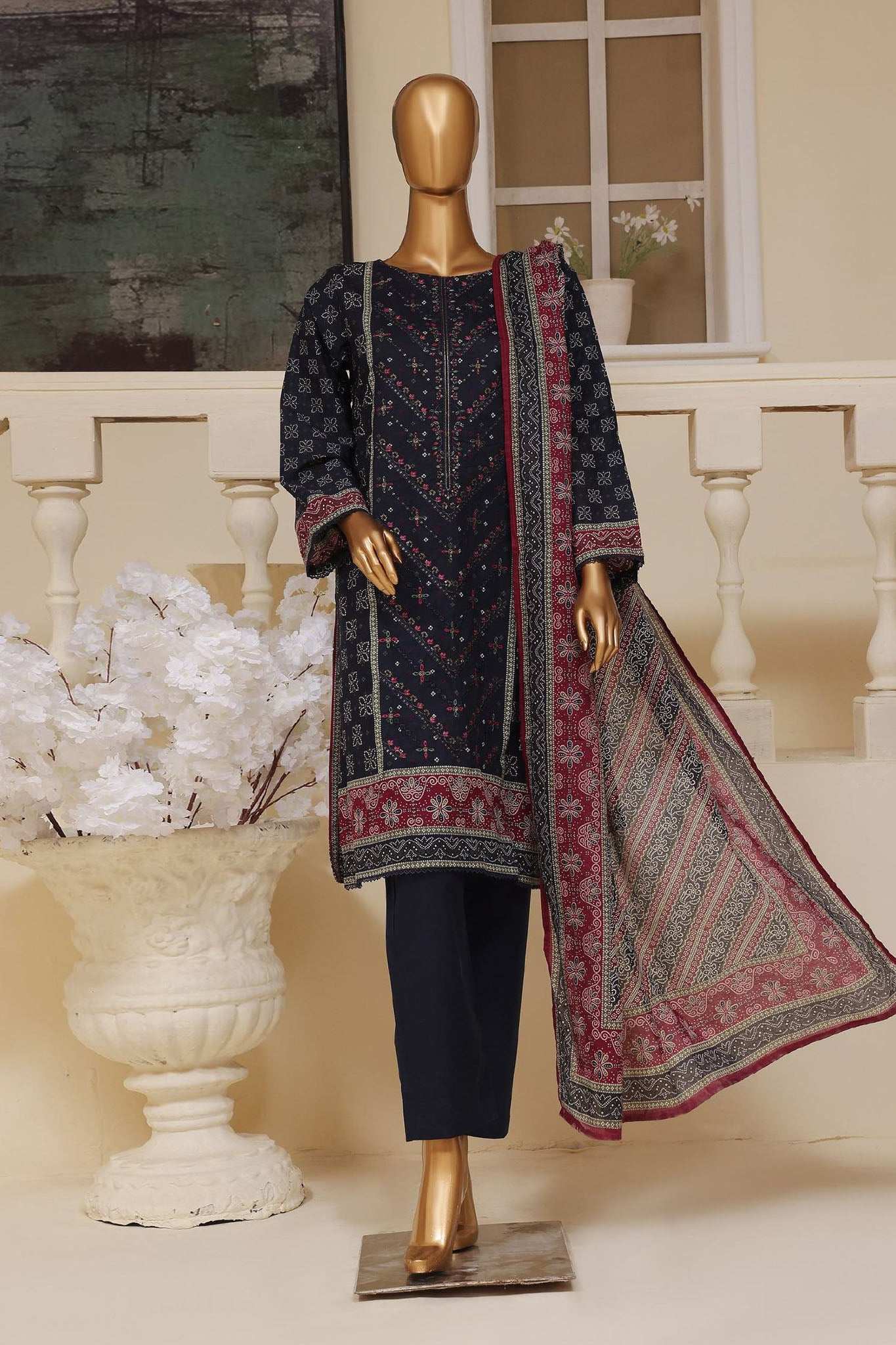 Bin Saeed Stitched 3 Piece Exclusive Emb Lawn Vol-01 Collection-SM-763-Black