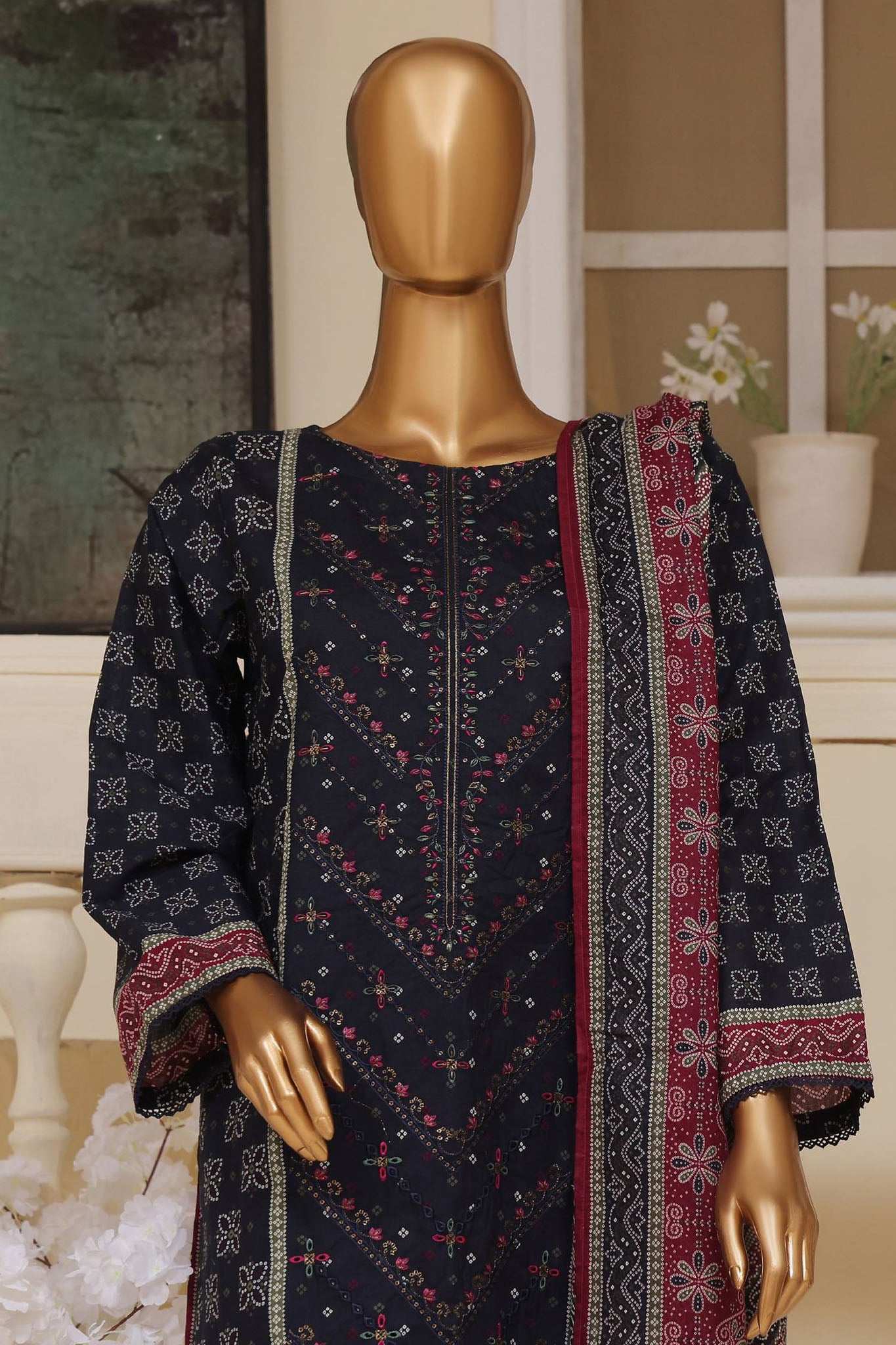 Bin Saeed Stitched 3 Piece Exclusive Emb Lawn Vol-01 Collection-SM-763-Black