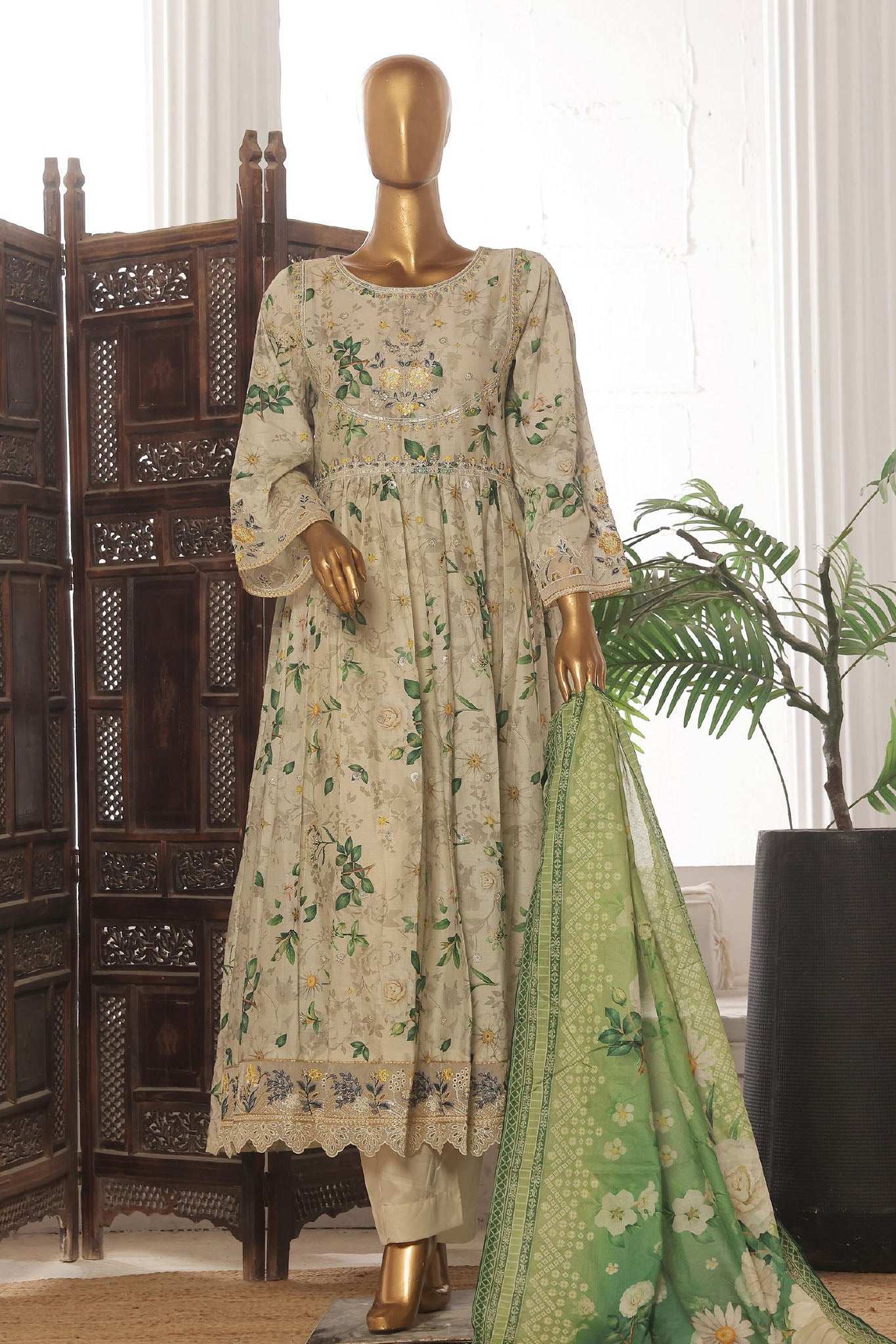 Bin Saeed Stitched 3 Piece Exclusive Lawn Frock Vol-01 Collection-SM-770-Pista