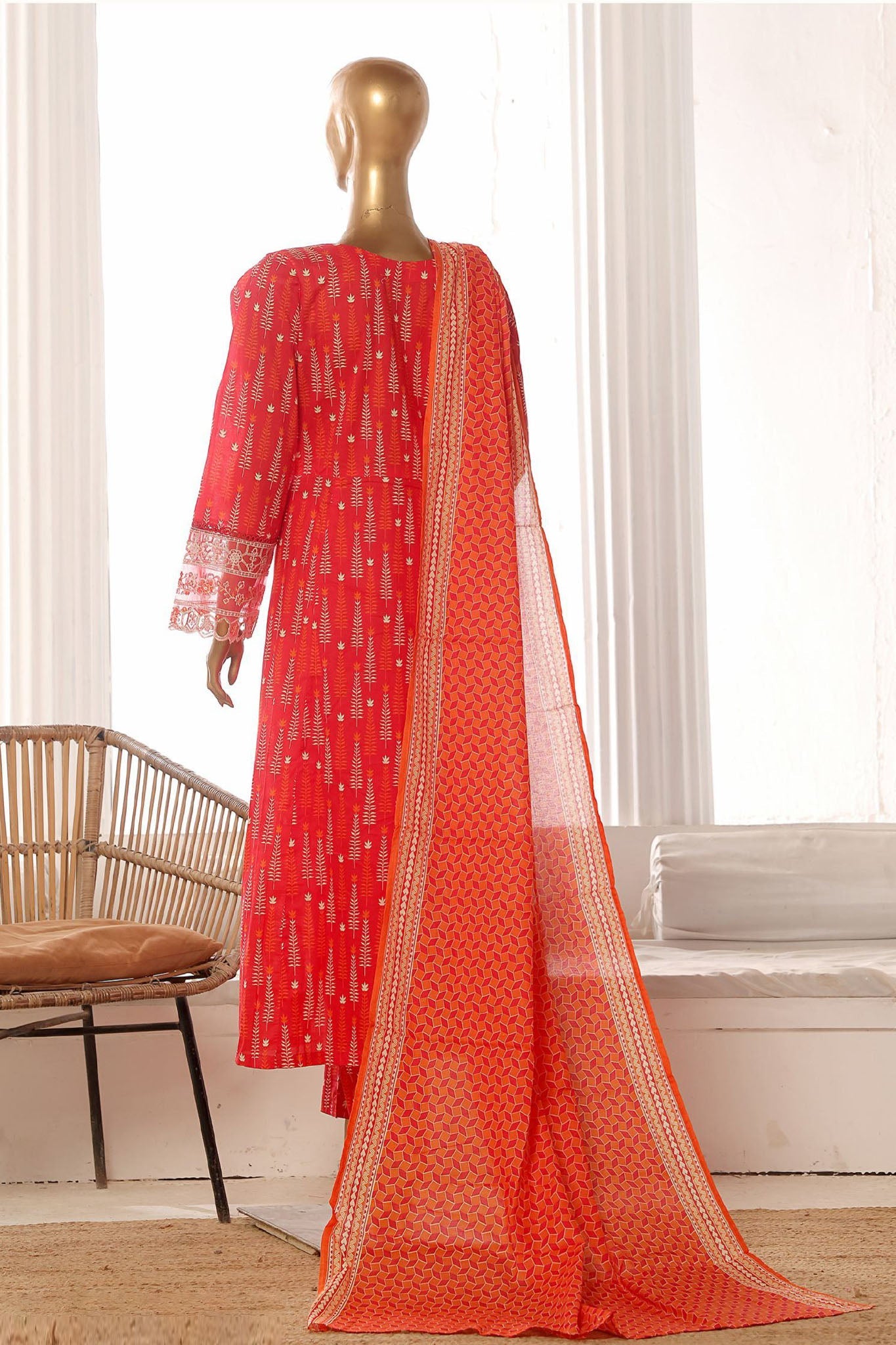 Bin Saeed Stitched 3 Piece Exclusive Lawn Frock Vol-01 Collection-SM-1484-Red