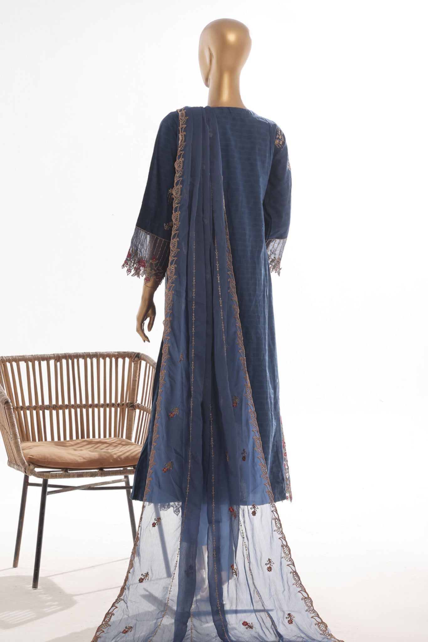 Bin Saeed Stitched 3 Piece Luxury Self & Self Frock Collection-SMK-1592-Navy Blue