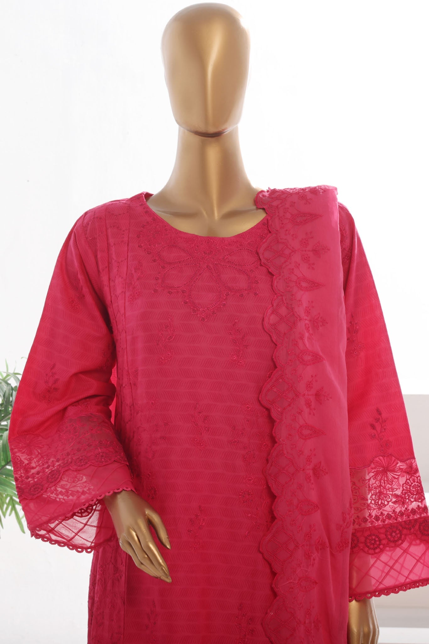 Bin Saeed Stitched 3 Piece Luxury Self & Self Frock Collection-SMK-1595-Magenta