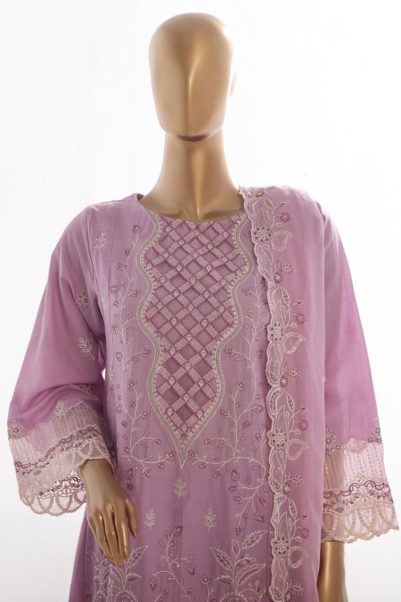 Bin Saeed Stitched 3 Piece Luxury Self & Self Frock Collection-SMK-1598-Purple