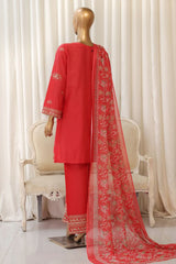 Bin Saeed Stitched 3 Piece Luxury Plain Cotton With Chiffon Dupatta Suit-SMPC-1825-Red