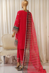 Bin Saeed Stitched 3 Piece Luxury Plain Cotton With Chiffon Dupatta Suit-SMPC-1827-Red