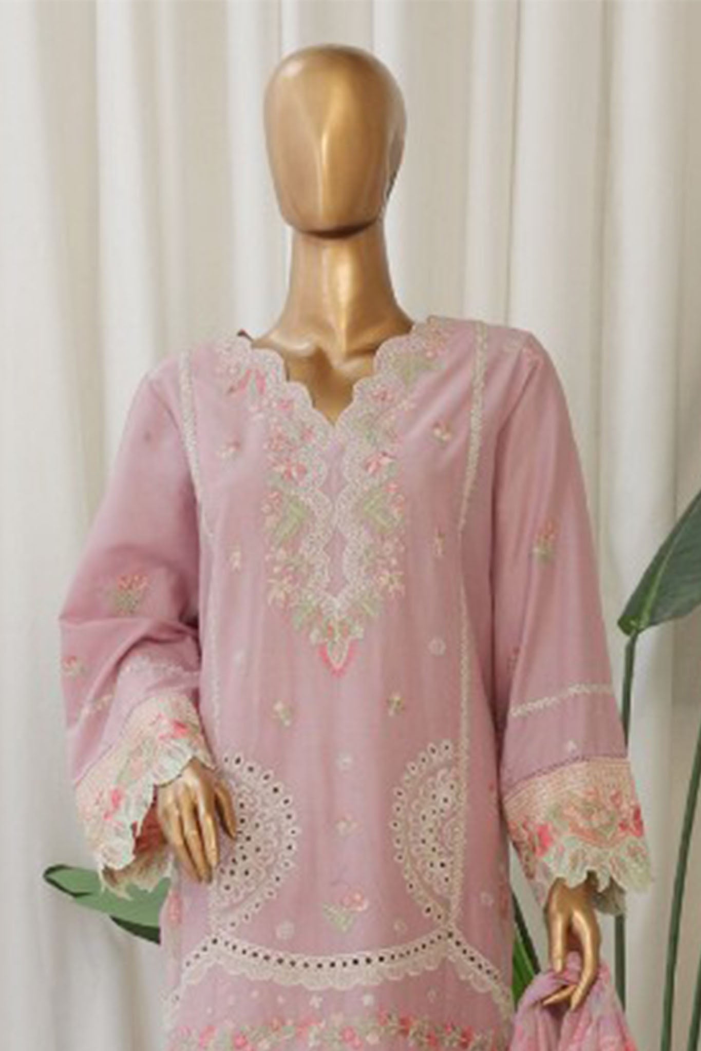 Bin Saeed Stitched 3 Piece Luxury Plain Cotton With Chiffon Dupatta Collection'2025-SMPC-1870-Pink