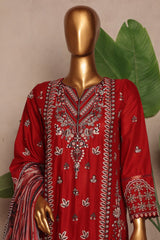 Bin Saeed Stitched 3 Piece Luxury Plain Cotton With Chiffon Dupatta Suit-SMPC-1875-Red