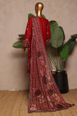Bin Saeed Stitched 3 Piece Luxury Plain Cotton With Chiffon Dupatta Suit-SMPC-1875-Red