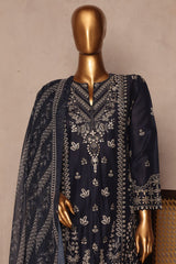 Bin Saeed Stitched 3 Piece Luxury Plain Cotton With Chiffon Dupatta Suit-SMPC-1877-Blue
