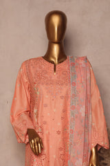 Bin Saeed Stitched 3 Piece Luxe Plain Cotton With Chiffon Dupatta Suit-SMPC-1956-Peach