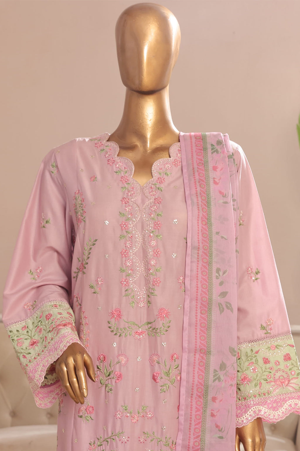 Bin Saeed Stitched 3 Piece Plain Cotton with Emb Trouser Collection'2025-SMPC-1970-Pink