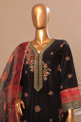 Bin Saeed Stitched 3 Piece Plain Cotton with Emb Trouser Suit-SMPC-1974-Black
