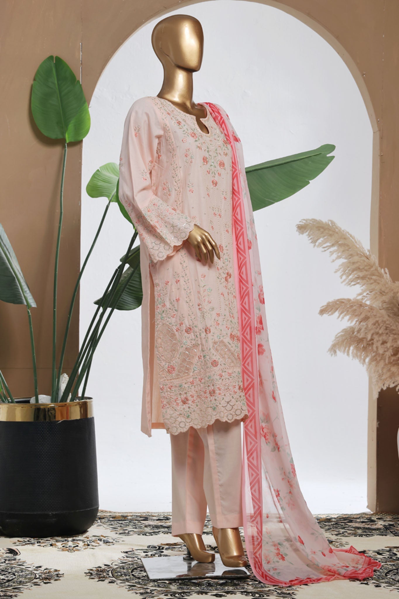 Bin Saeed Stitched 3 Piece Luxury Plain Cotton With Chiffon Dupatta Collection'2025-SMPC-2068-Pink