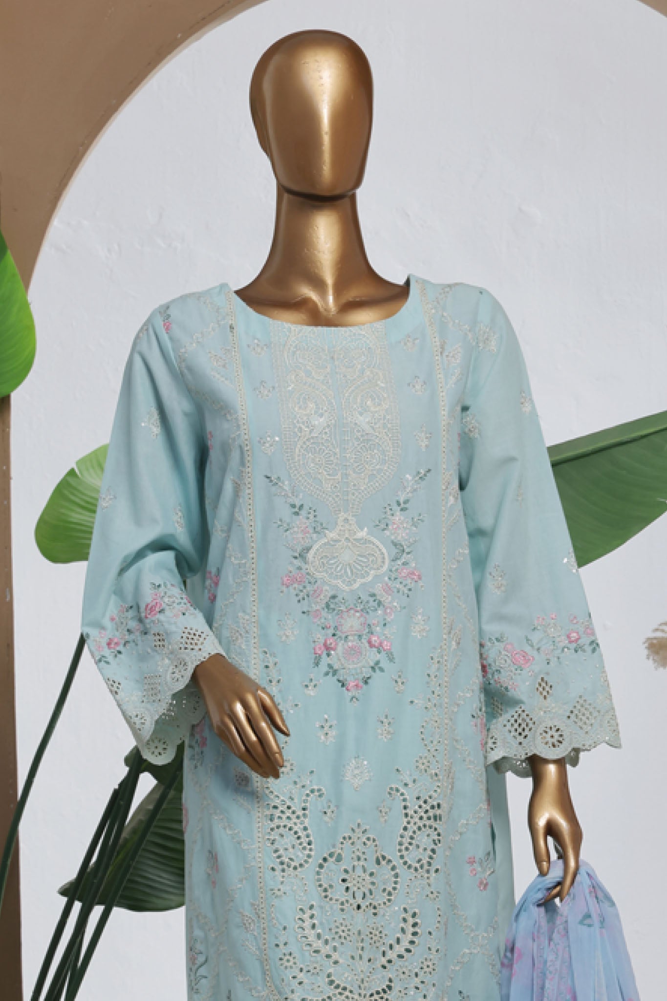 Bin Saeed Stitched 3 Piece Luxury Plain Cotton With Chiffon Dupatta Collection'2025-SMPC-2069-Sky Blue