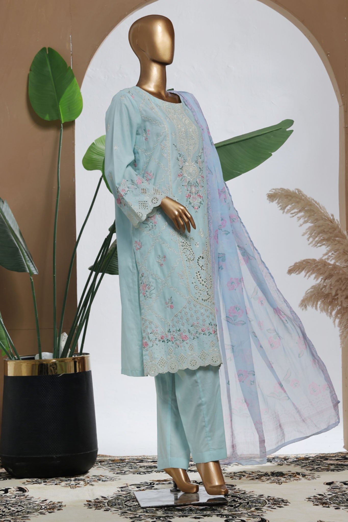 Bin Saeed Stitched 3 Piece Luxury Plain Cotton With Chiffon Dupatta Collection'2025-SMPC-2069-Sky Blue