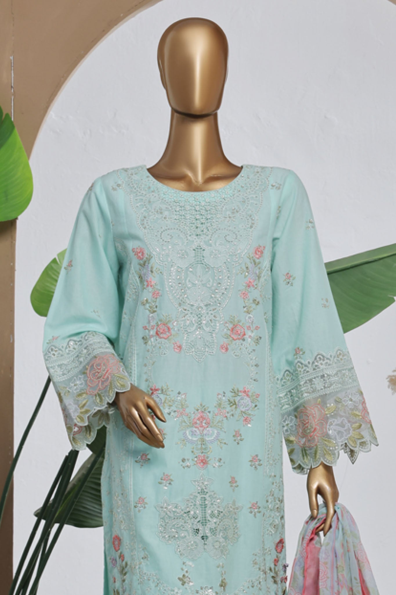 Bin Saeed Stitched 3 Piece Luxury Plain Cotton With Chiffon Dupatta Collection'2025-SMPC-2070-Sky Blue