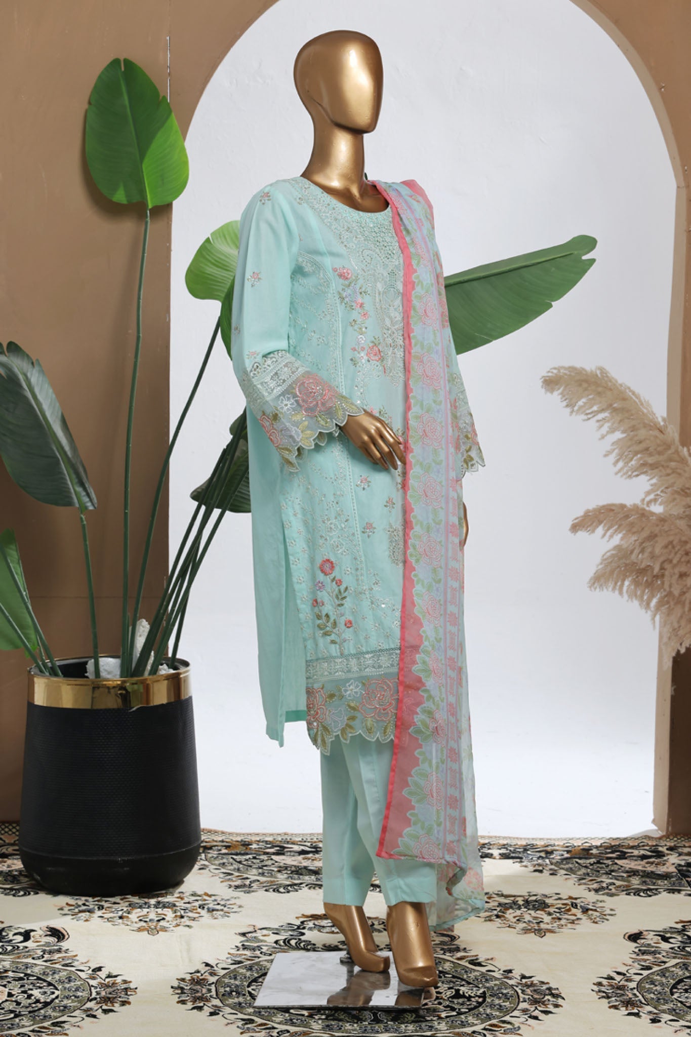 Bin Saeed Stitched 3 Piece Luxury Plain Cotton With Chiffon Dupatta Collection'2025-SMPC-2070-Sky Blue