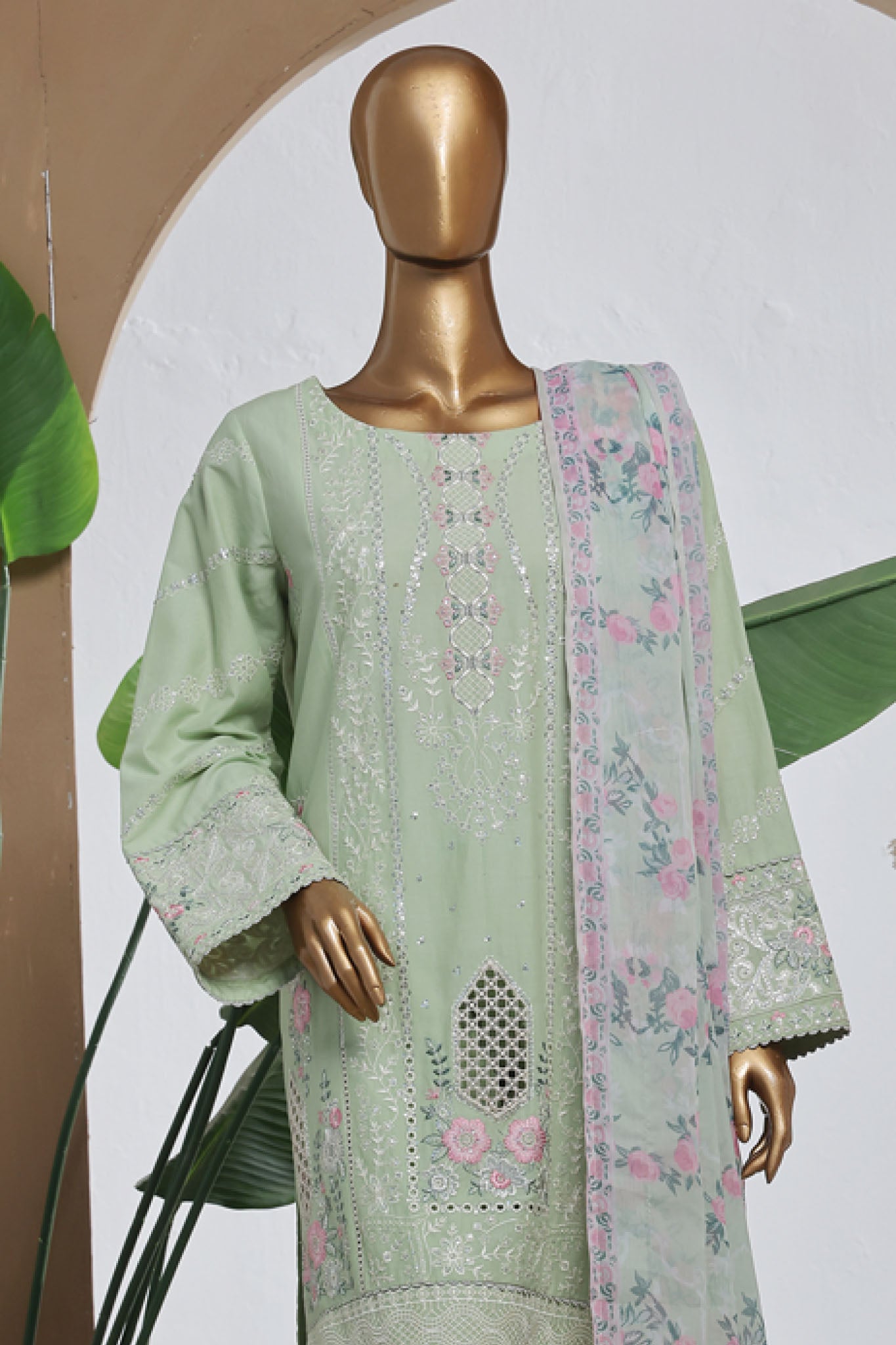 Bin Saeed Stitched 3 Piece Luxury Plain Cotton With Chiffon Dupatta Collection'2025-SMPC-2072-Pista