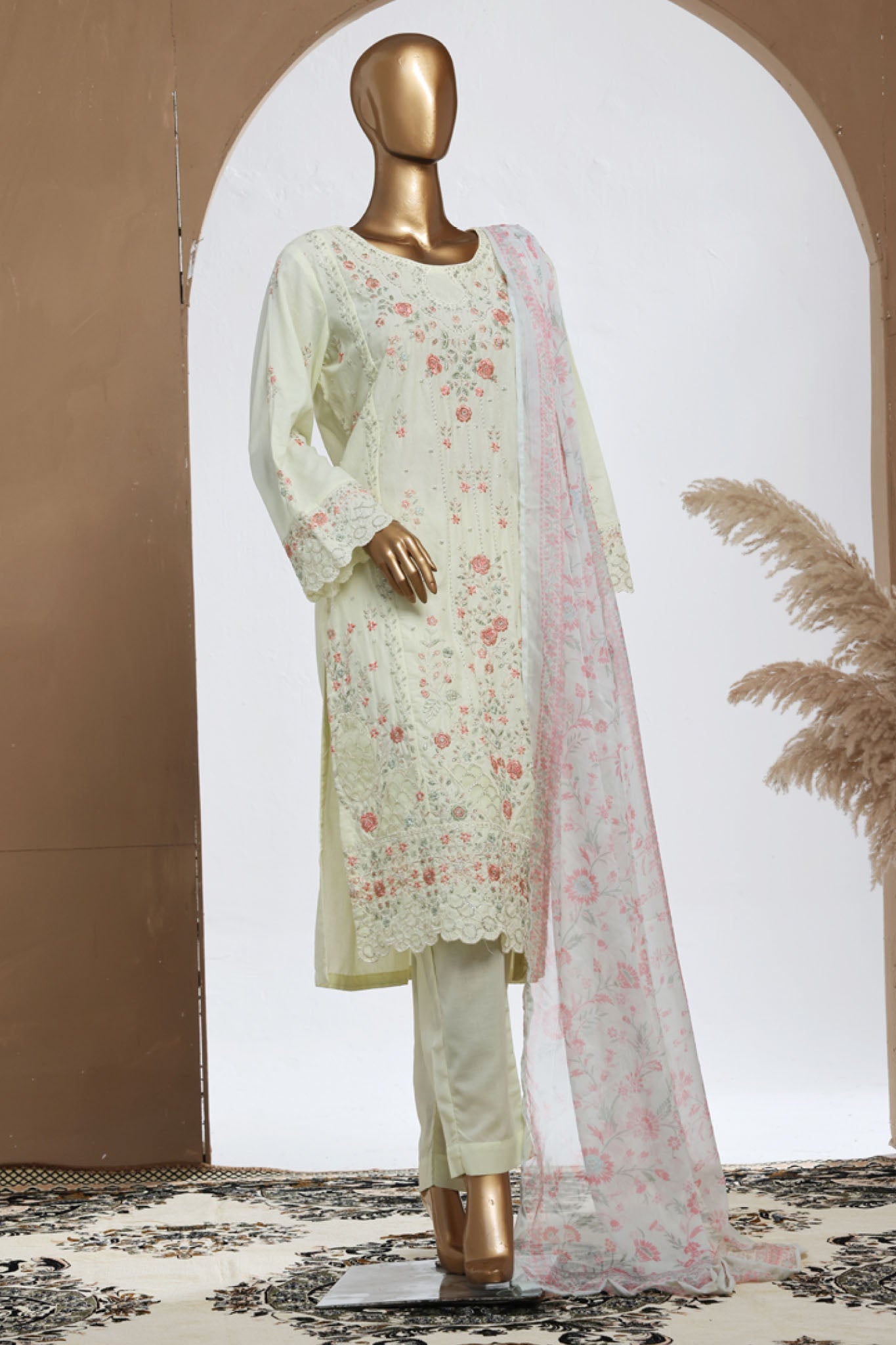 Bin Saeed Stitched 3 Piece Luxury Plain Cotton With Chiffon Dupatta Collection'2025-SMPC-2074-Cream