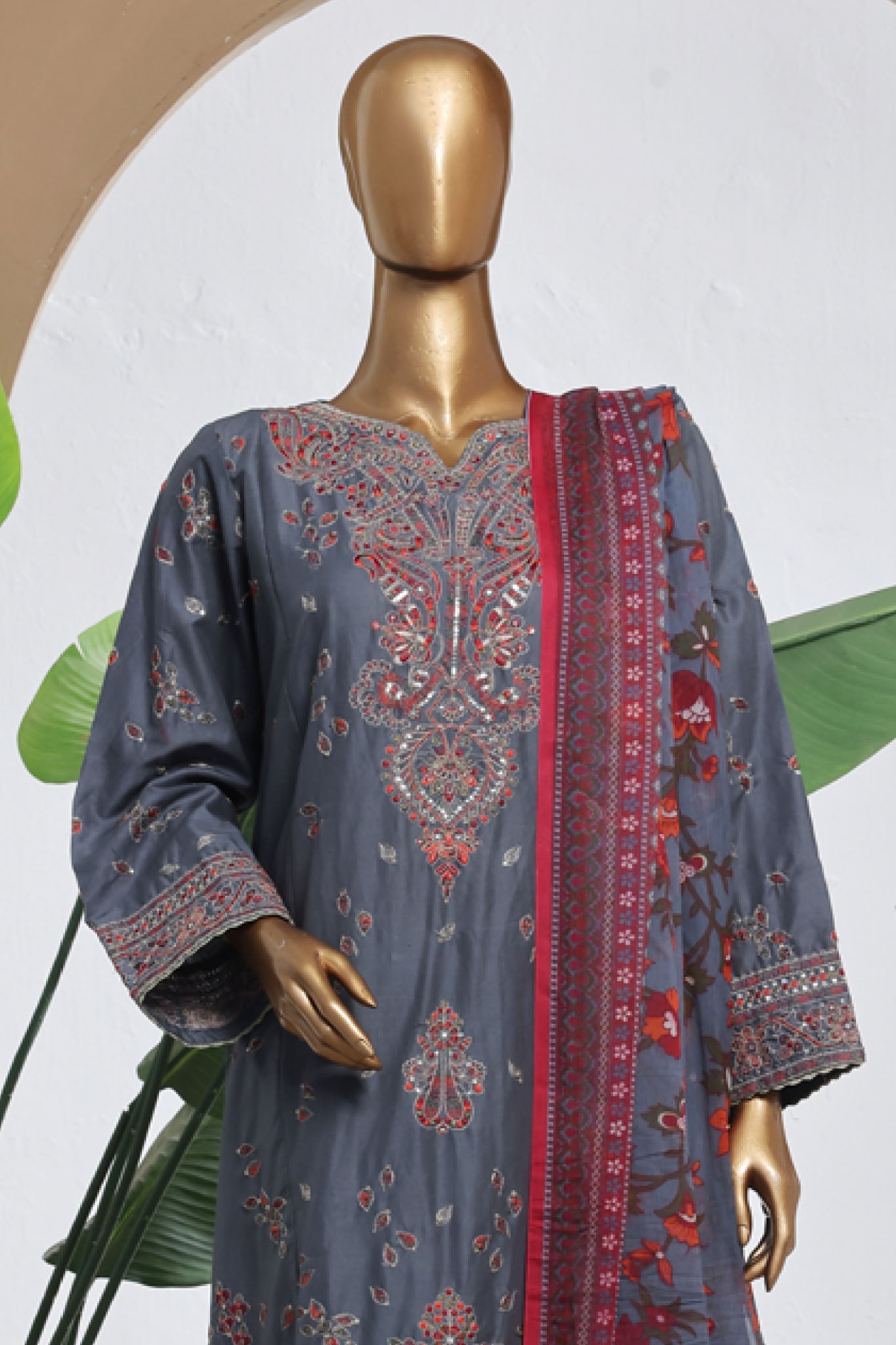Bin Saeed Stitched 3 Piece Luxury Plain Cotton With Chiffon Dupatta Collection'2025-SMPC-2076-Grey