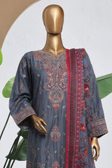 Bin Saeed Stitched 3 Piece Luxury Plain Cotton With Chiffon Dupatta Collection'2025-SMPC-2076-Grey
