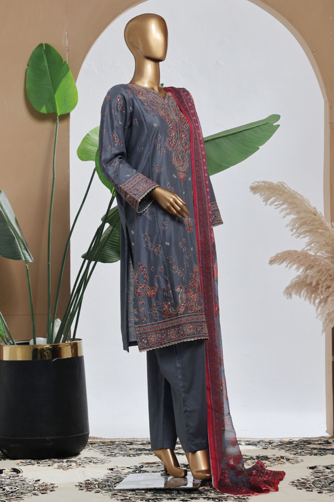 Bin Saeed Stitched 3 Piece Luxury Plain Cotton With Chiffon Dupatta Collection'2025-SMPC-2076-Grey
