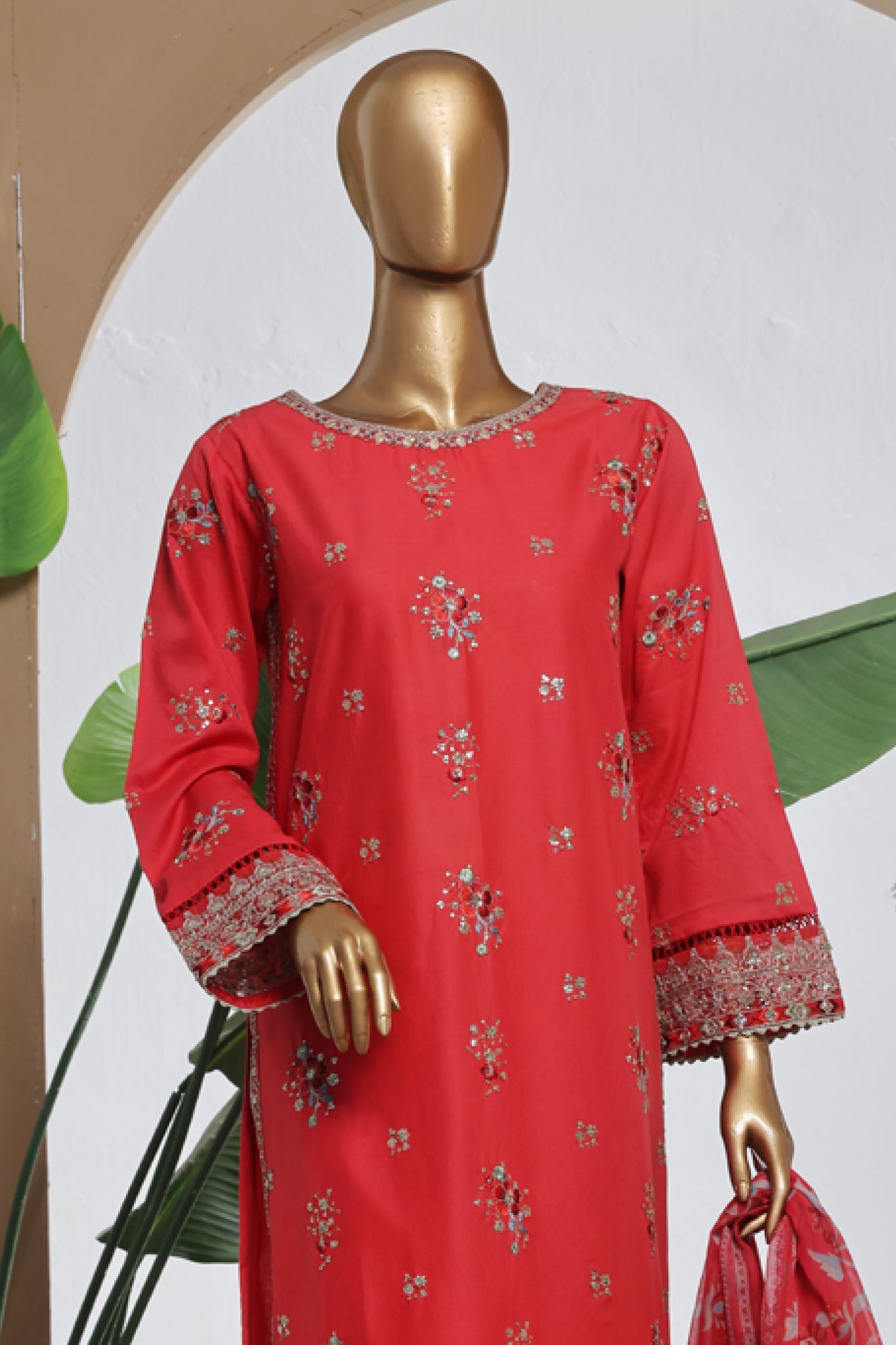 Bin Saeed Stitched 3 Piece Luxury Plain Cotton With Chiffon Dupatta Collection'2025-SMPC-2077-Red