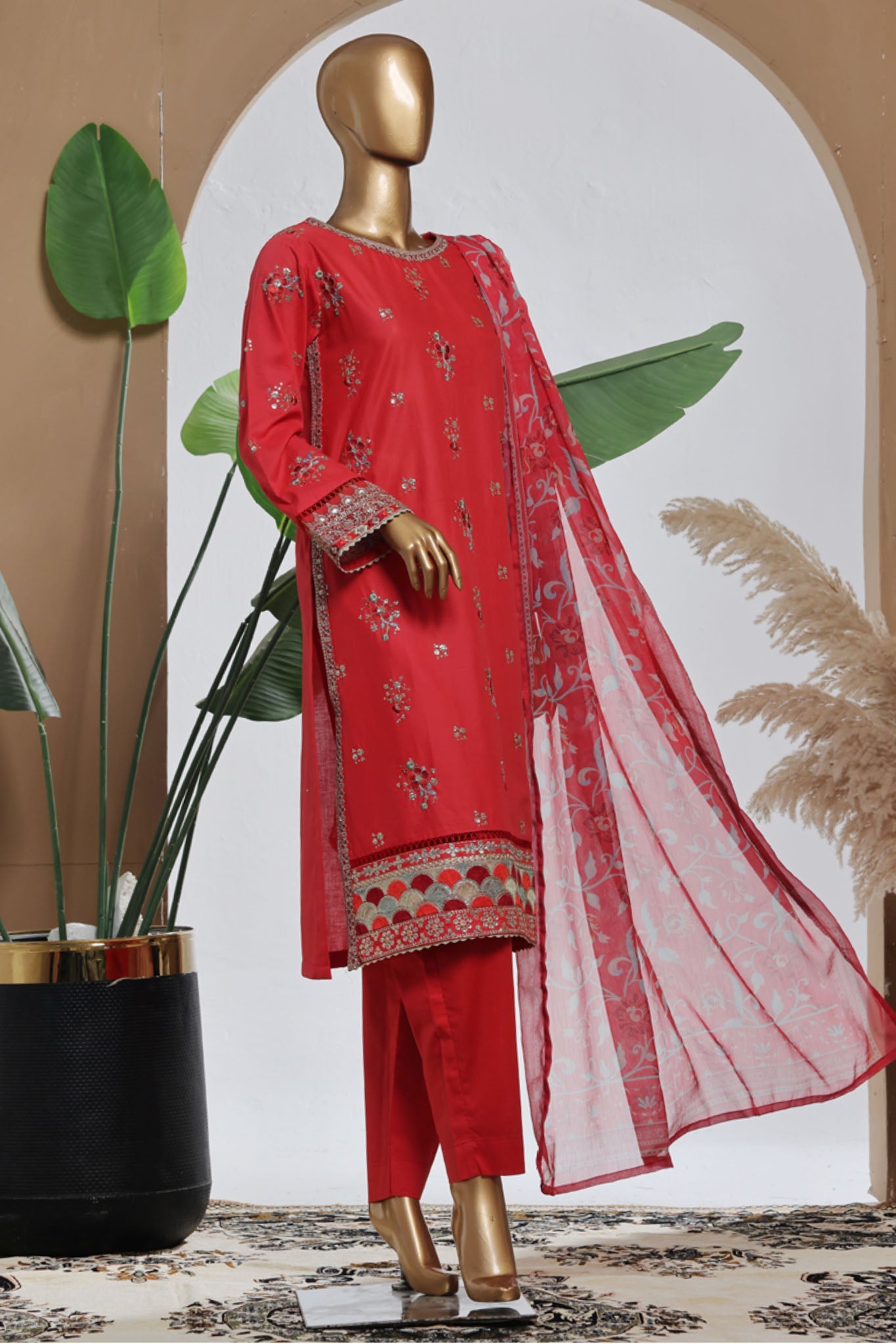 Bin Saeed Stitched 3 Piece Luxury Plain Cotton With Chiffon Dupatta Collection'2025-SMPC-2077-Red