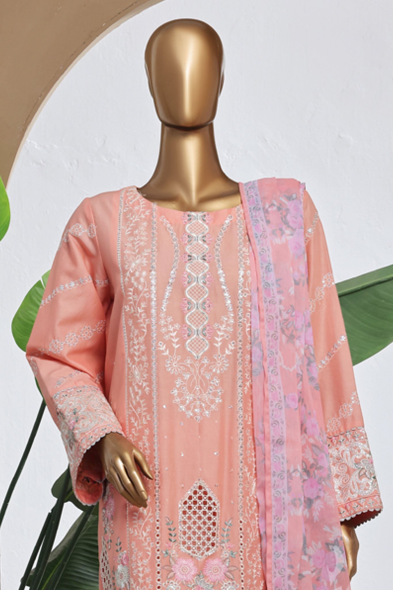Bin Saeed Stitched 3 Piece Luxury Plain Cotton With Chiffon Dupatta Collection'2025-SMPC-2078-Coral