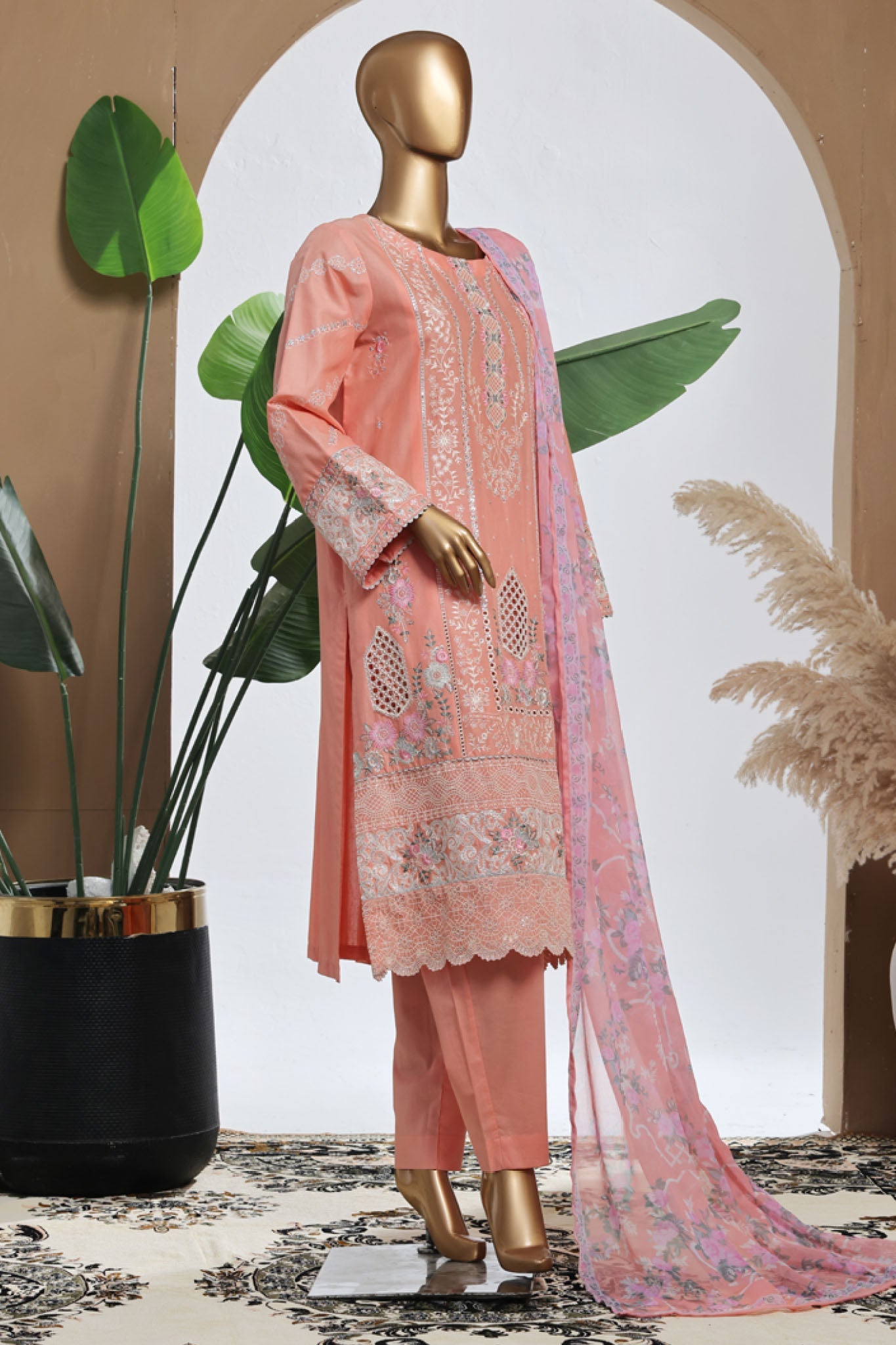 Bin Saeed Stitched 3 Piece Luxury Plain Cotton With Chiffon Dupatta Collection'2025-SMPC-2078-Coral
